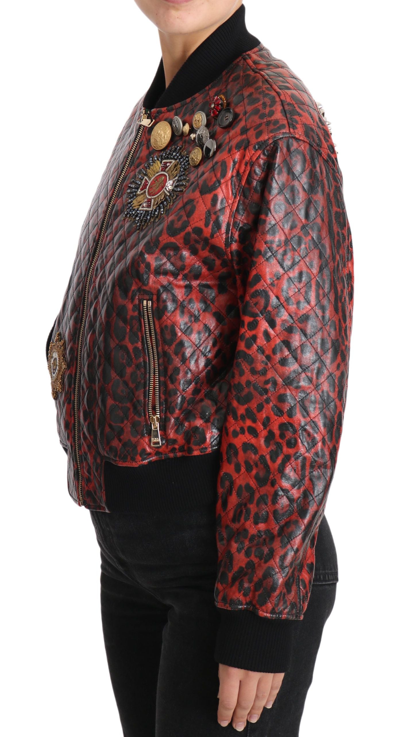 Dolce & Gabbana Red Leopard Button Crystal Leather Jacket | Regal Royce