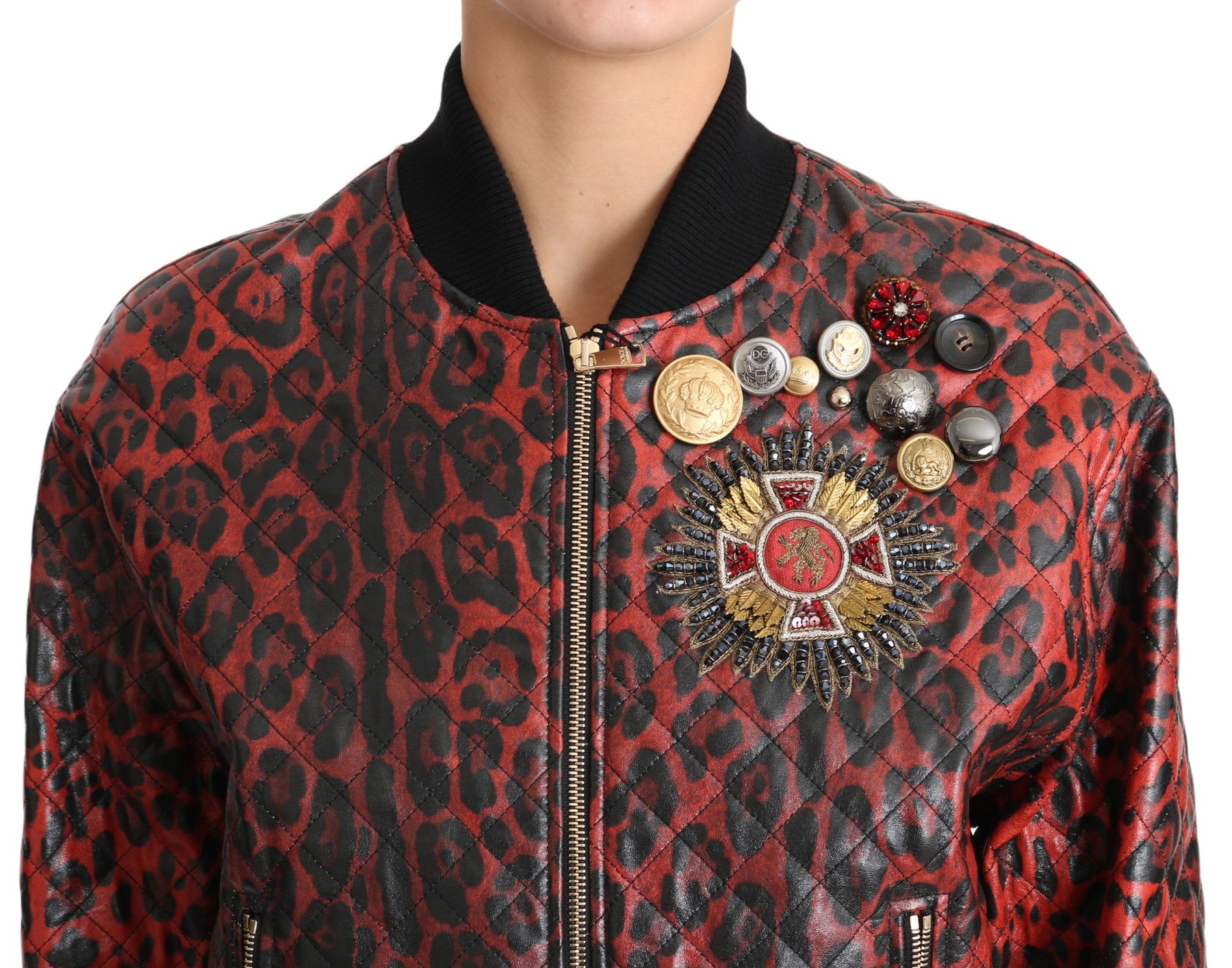Dolce & Gabbana Red Leopard Button Crystal Leather Jacket | Regal Royce