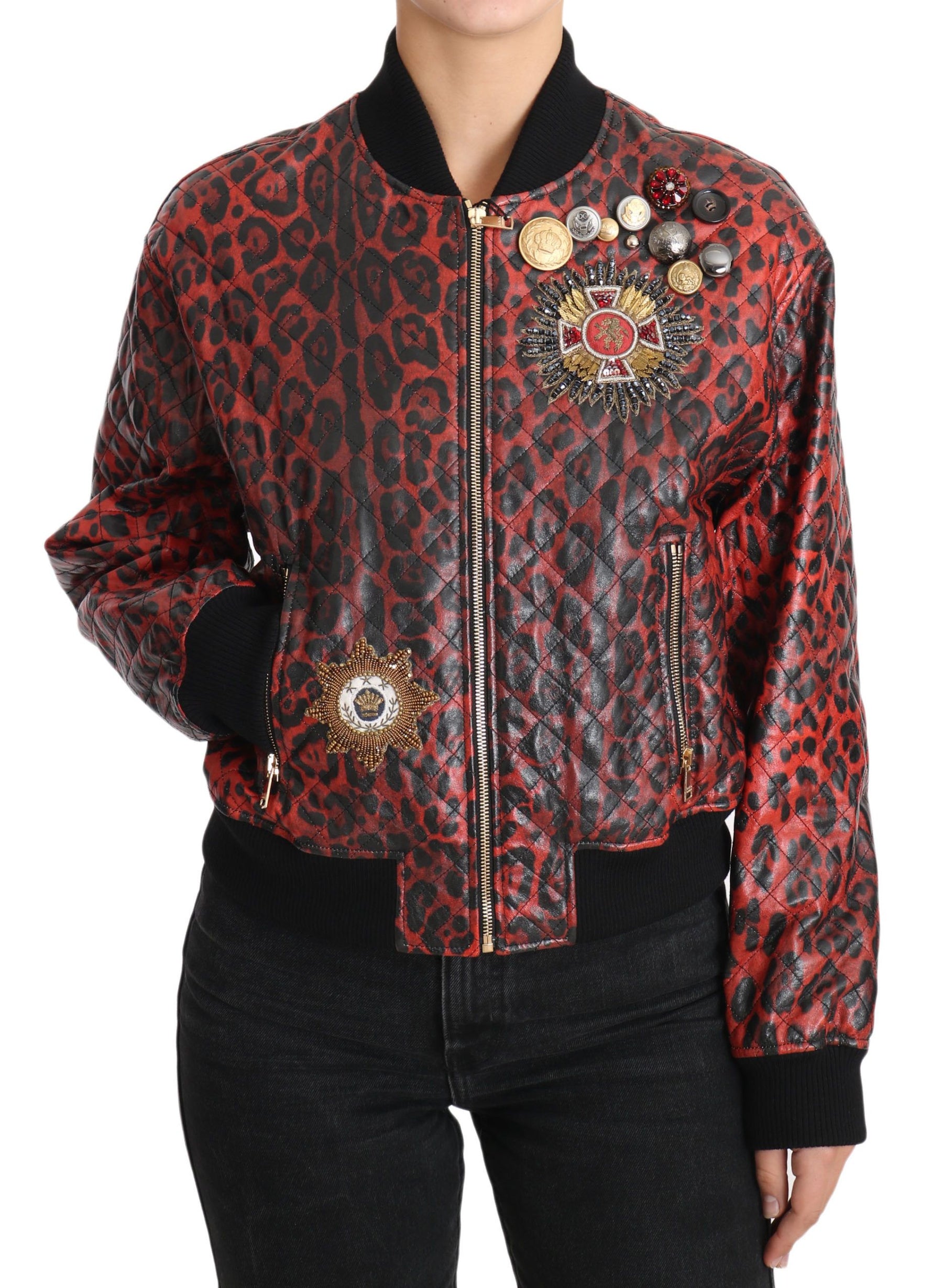 Dolce & Gabbana Red Leopard Button Crystal Leather Jacket | Regal Royce