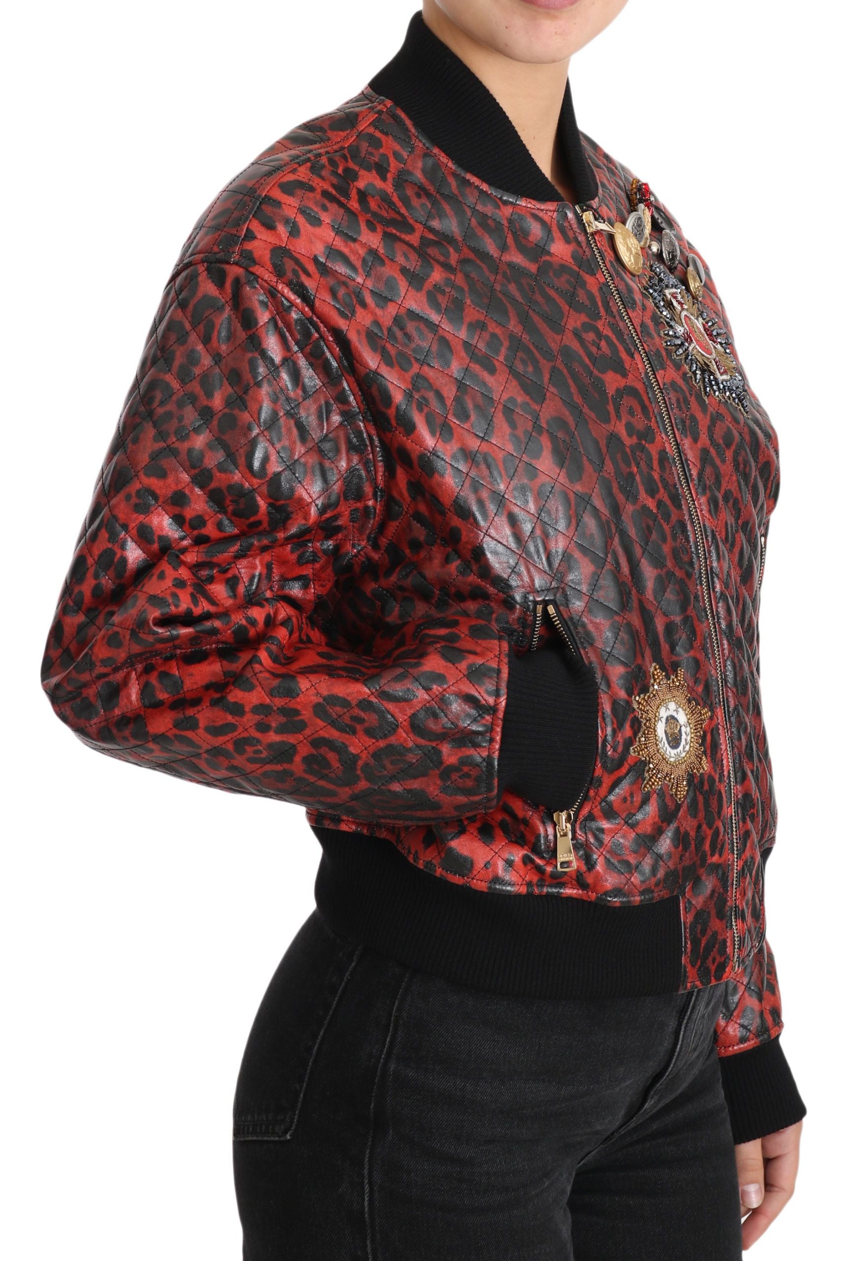 Dolce & Gabbana Red Leopard Button Crystal Leather Jacket | Regal Royce
