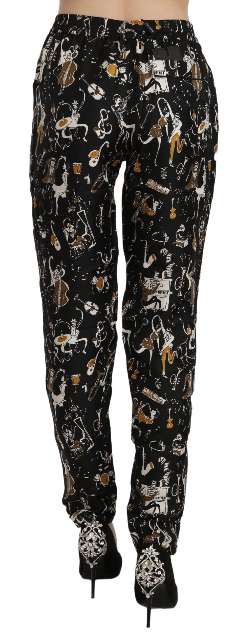 Dolce & Gabbana Black Jazz Club Print High Waist Tapered Pants | Regal Royce