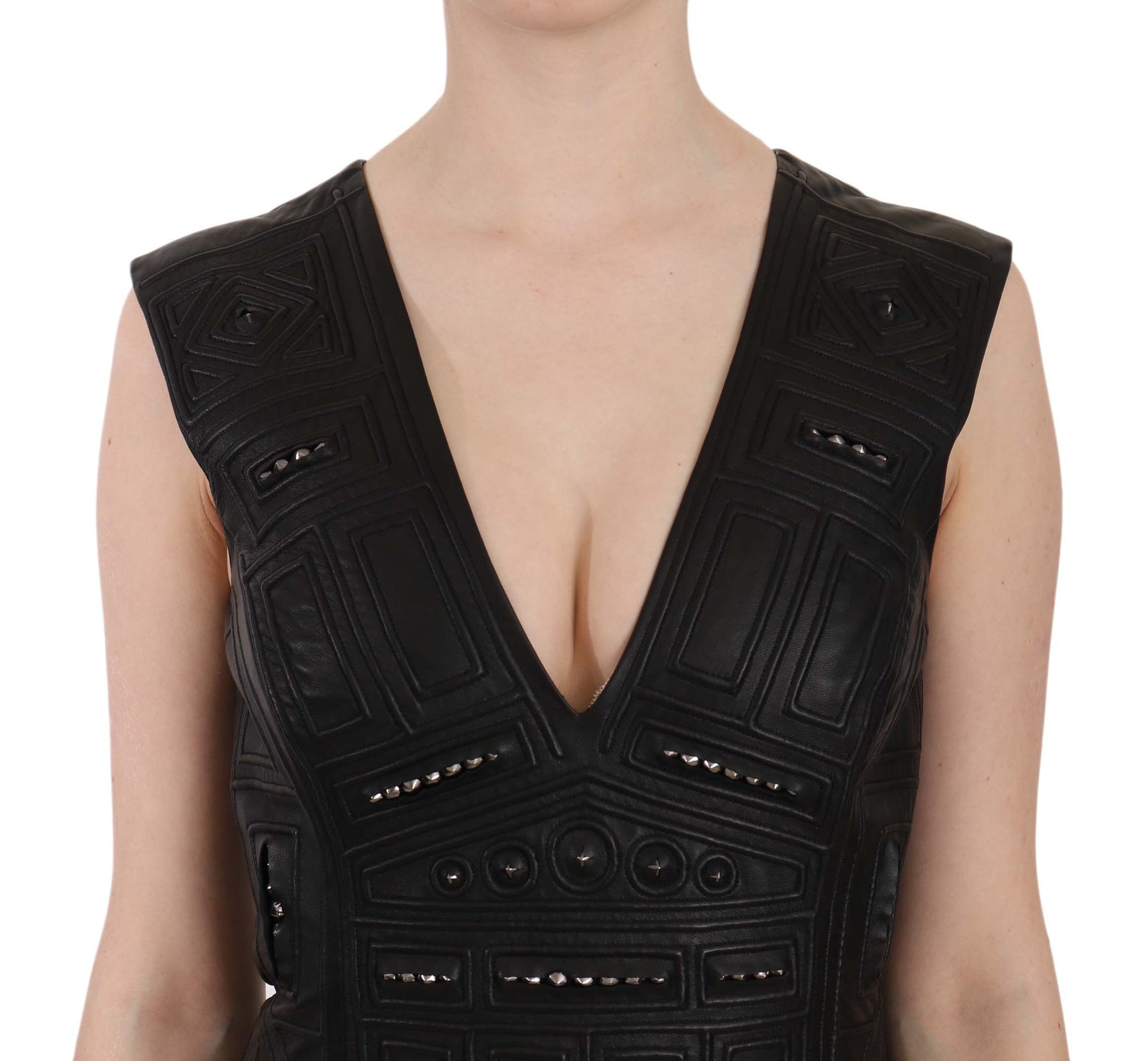 John Richmond Black Leather Studded Mini Shift Dress | Regal Royce