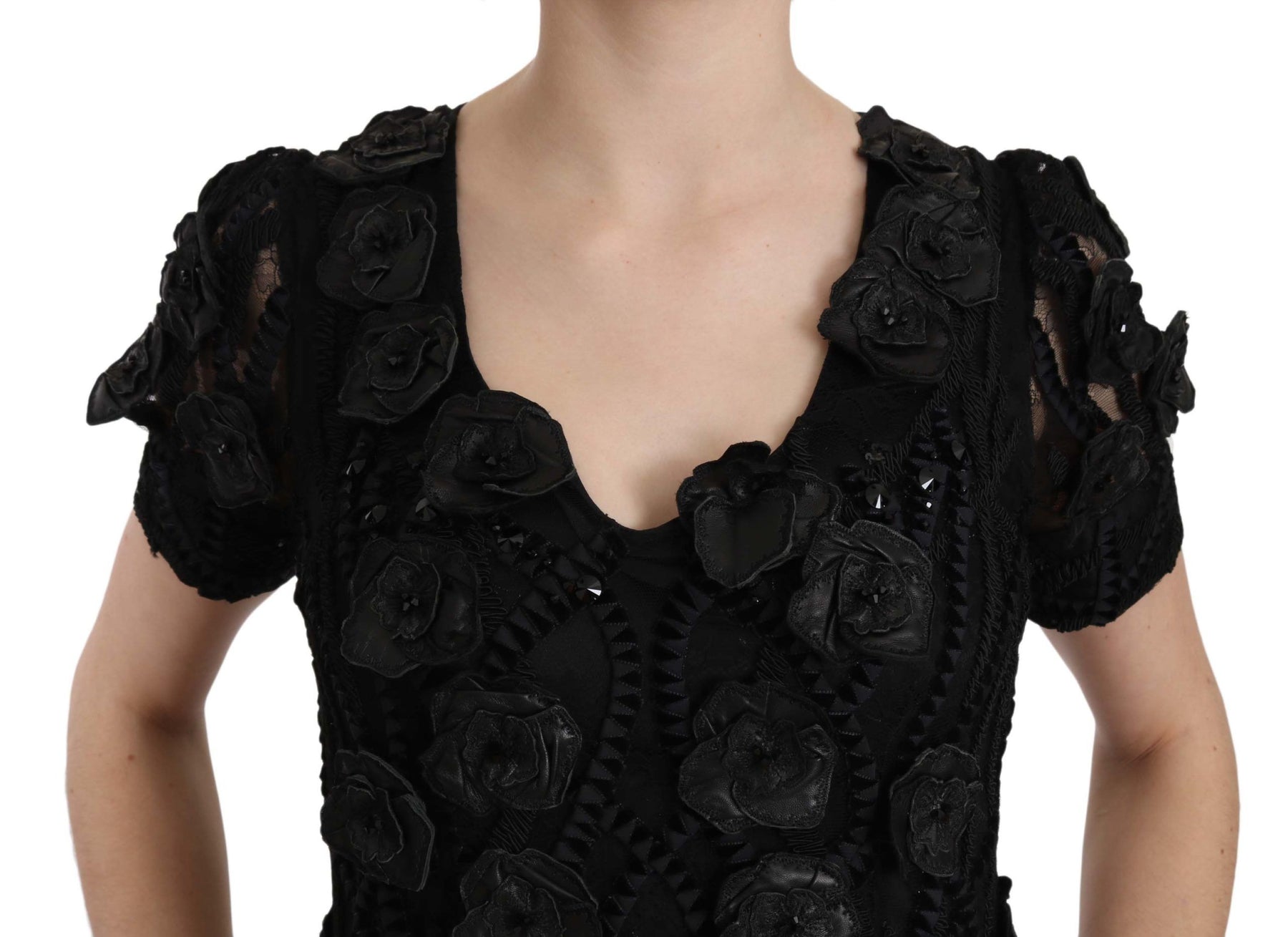 John Richmond Black Silk Leather Flowers Sheath Dress | Regal Royce