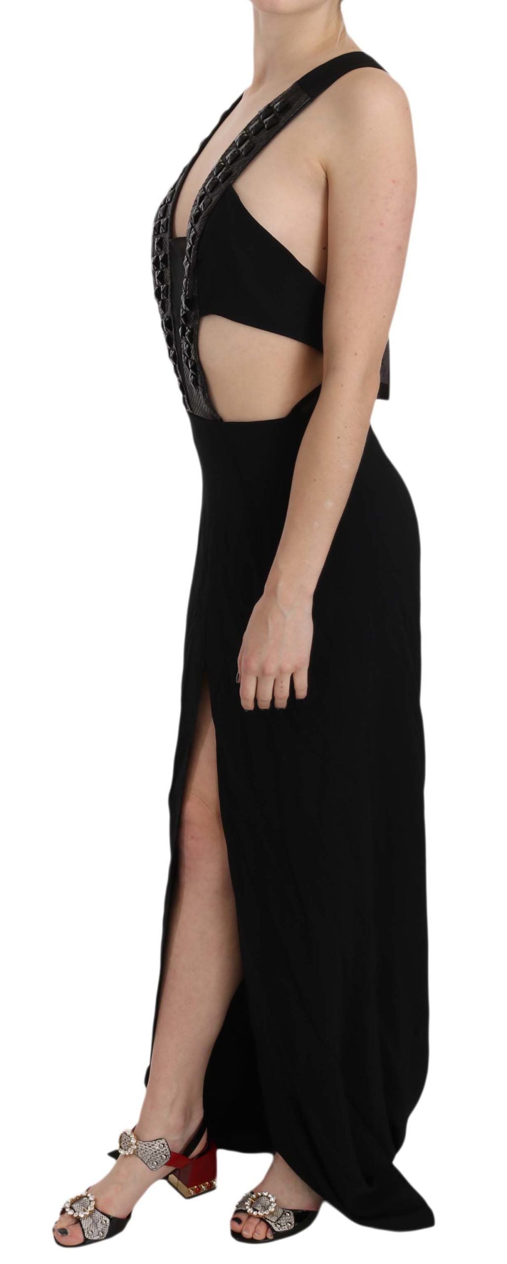John Richmond Black Crystal Leather Gown Flare Dress | Regal Royce