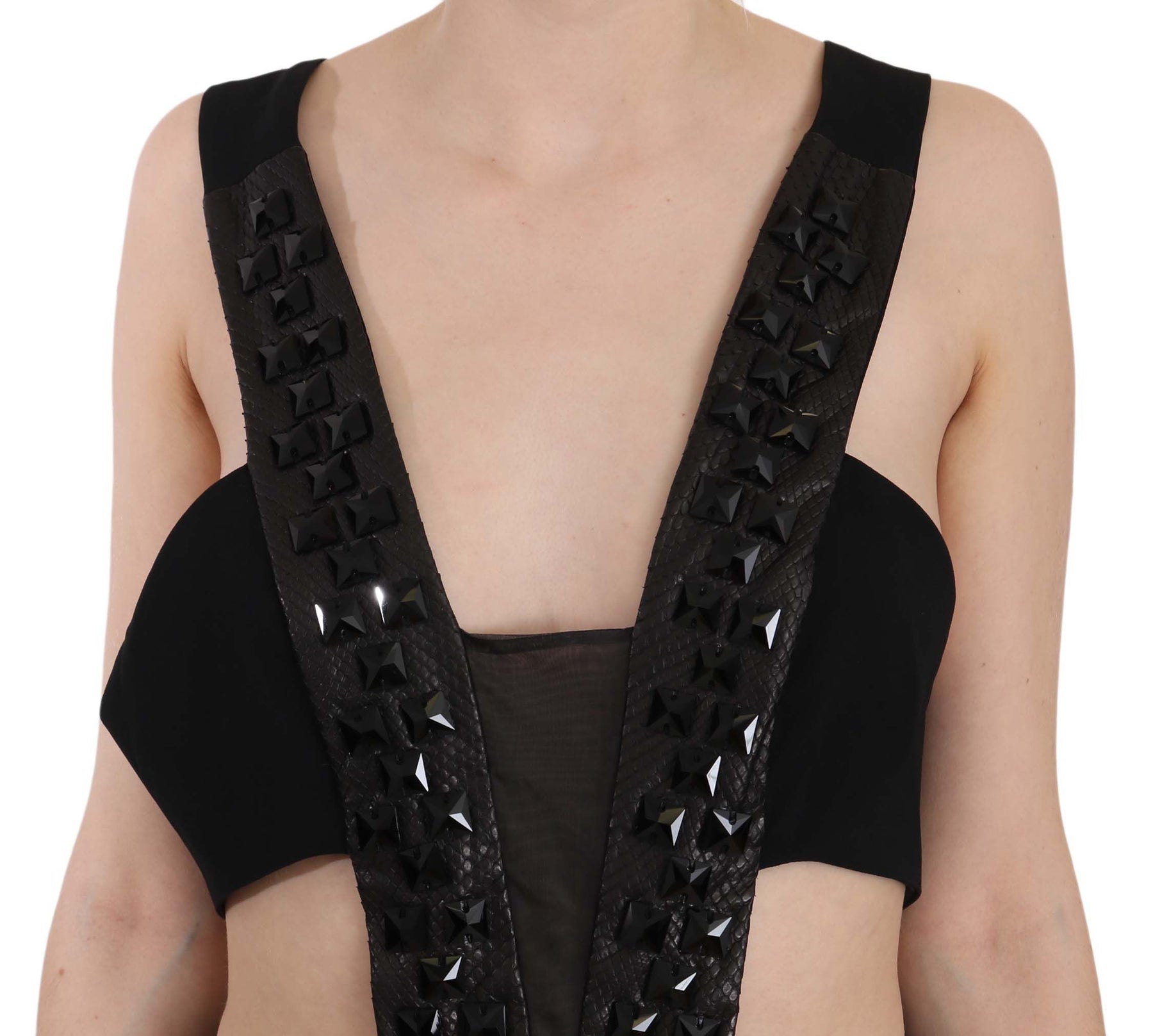 John Richmond Black Crystal Leather Gown Flare Dress | Regal Royce