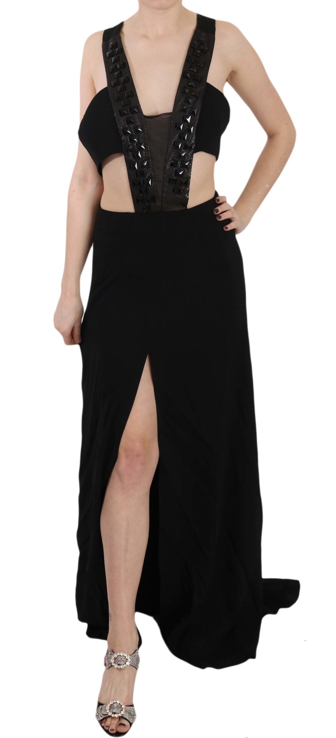 John Richmond Black Crystal Leather Gown Flare Dress | Regal Royce
