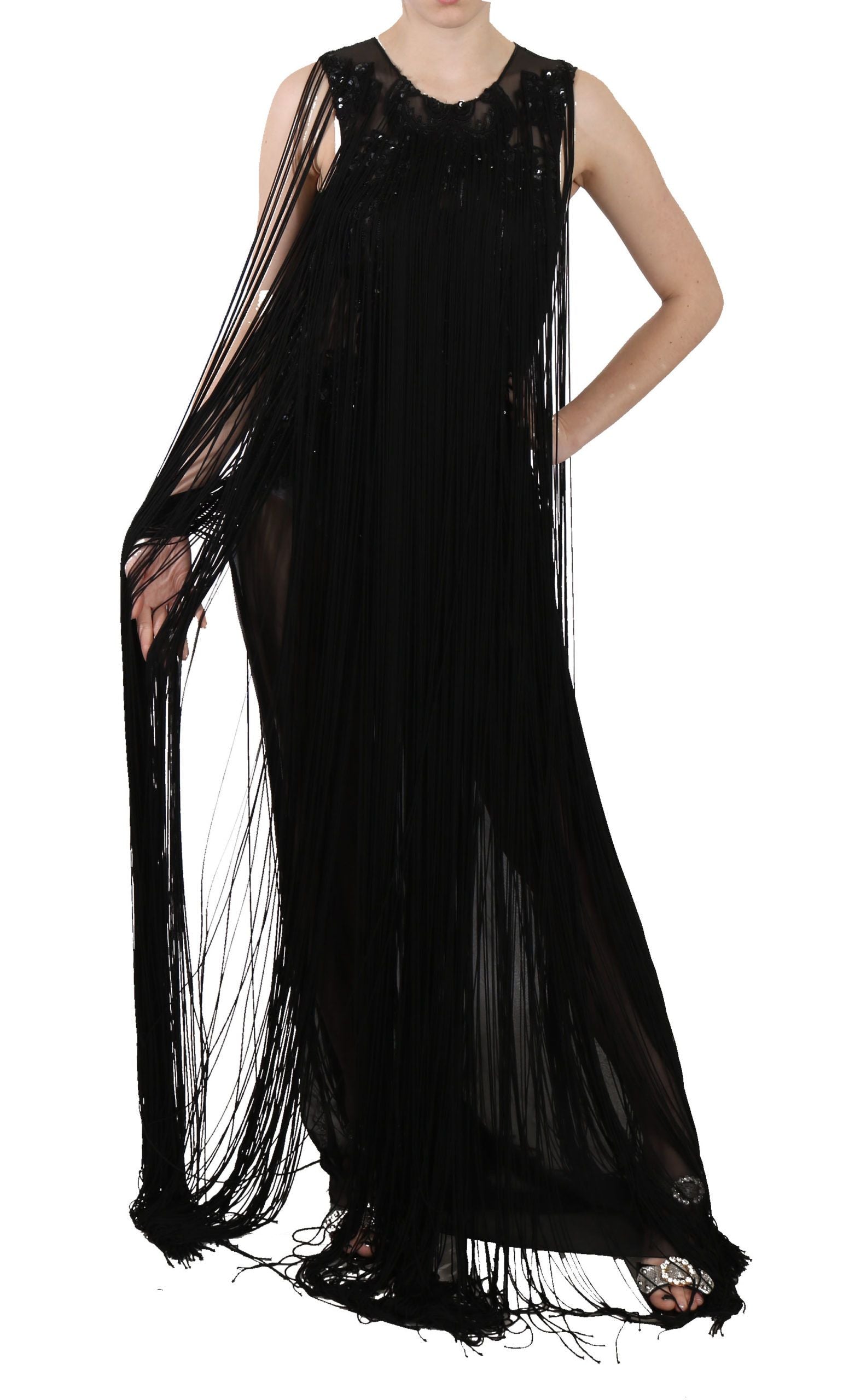 John Richmond Black Silk Beaded Sequined Sheer Dress | Regal Royce