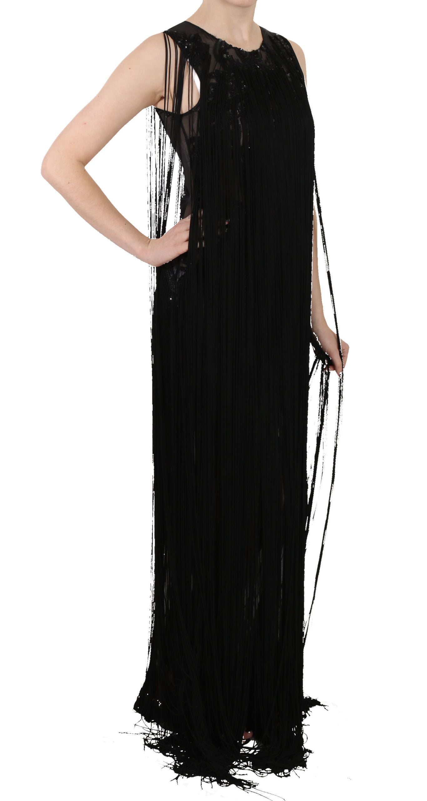 John Richmond Black Silk Beaded Sequined Sheer Dress | Regal Royce