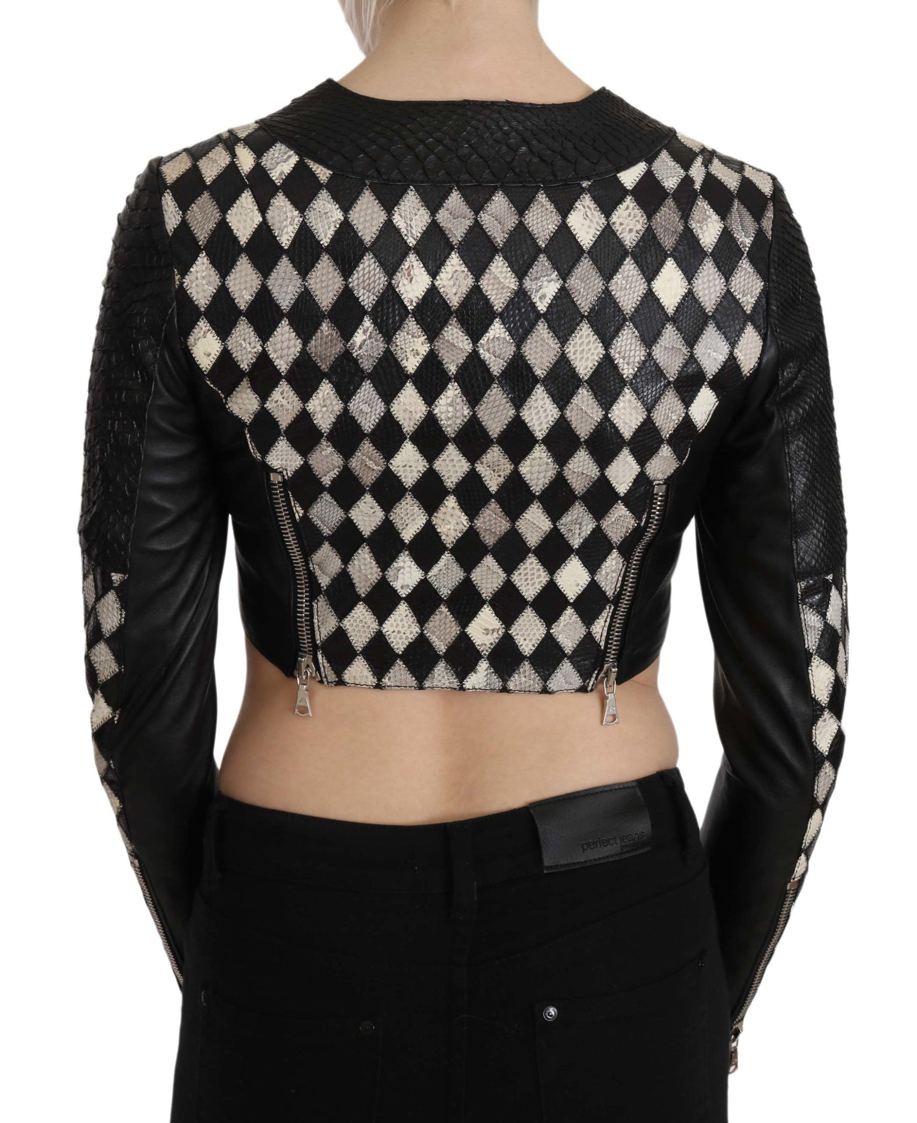 John Richmond Black White Leather Short Cropped Biker Jacket Coat | Regal Royce
