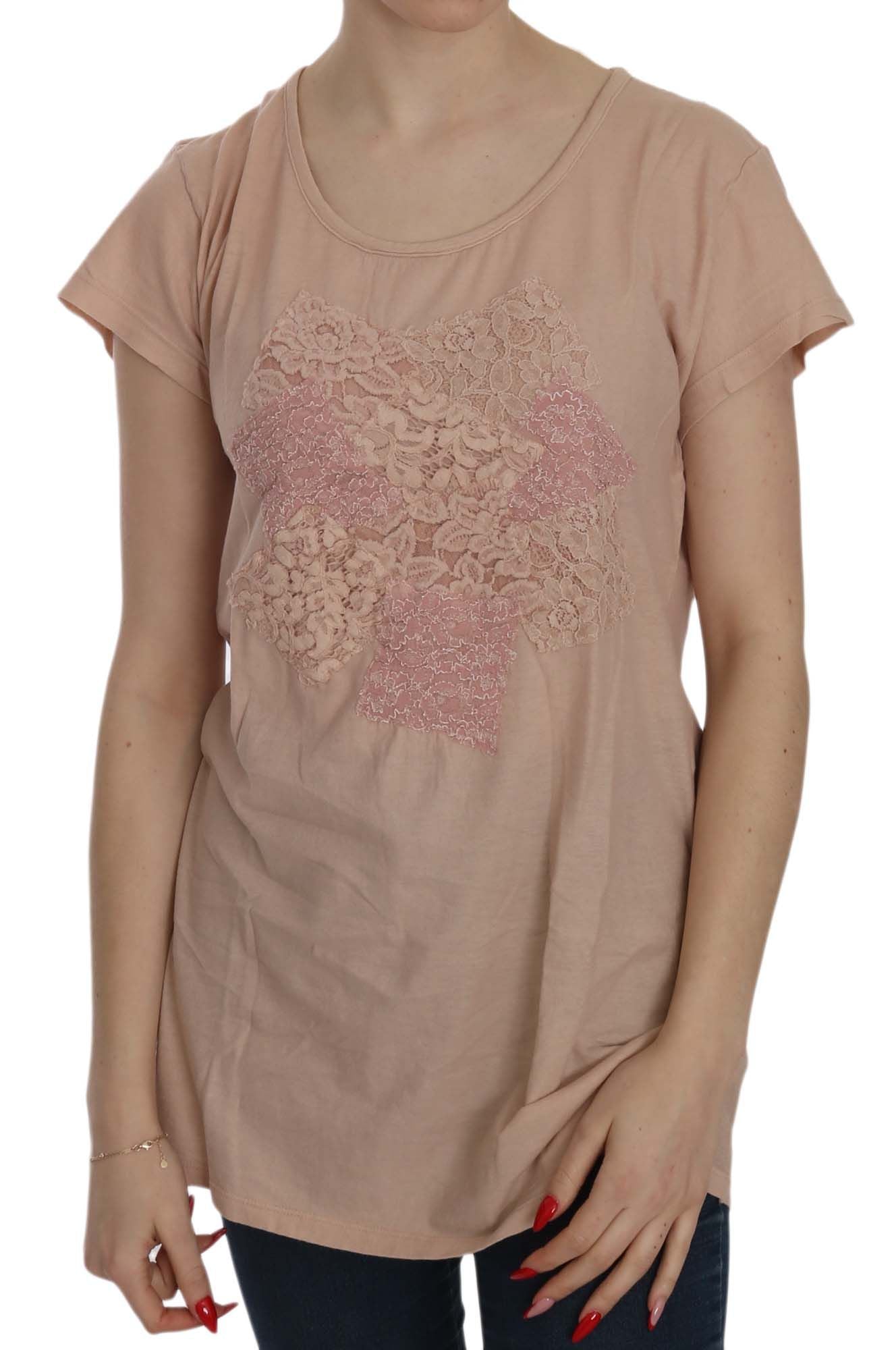 PINK MEMORIES Pink Cream Lace Short Sleeve Shirt Top Cotton Blouse | Regal Royce