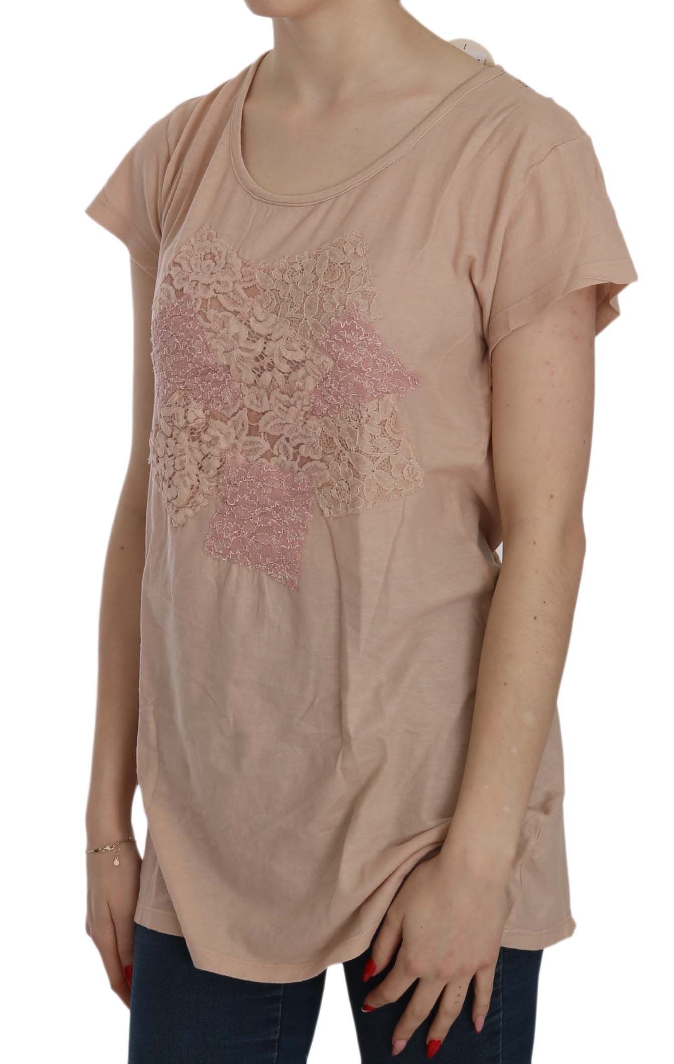 PINK MEMORIES Pink Cream Lace Short Sleeve Shirt Top Cotton Blouse | Regal Royce