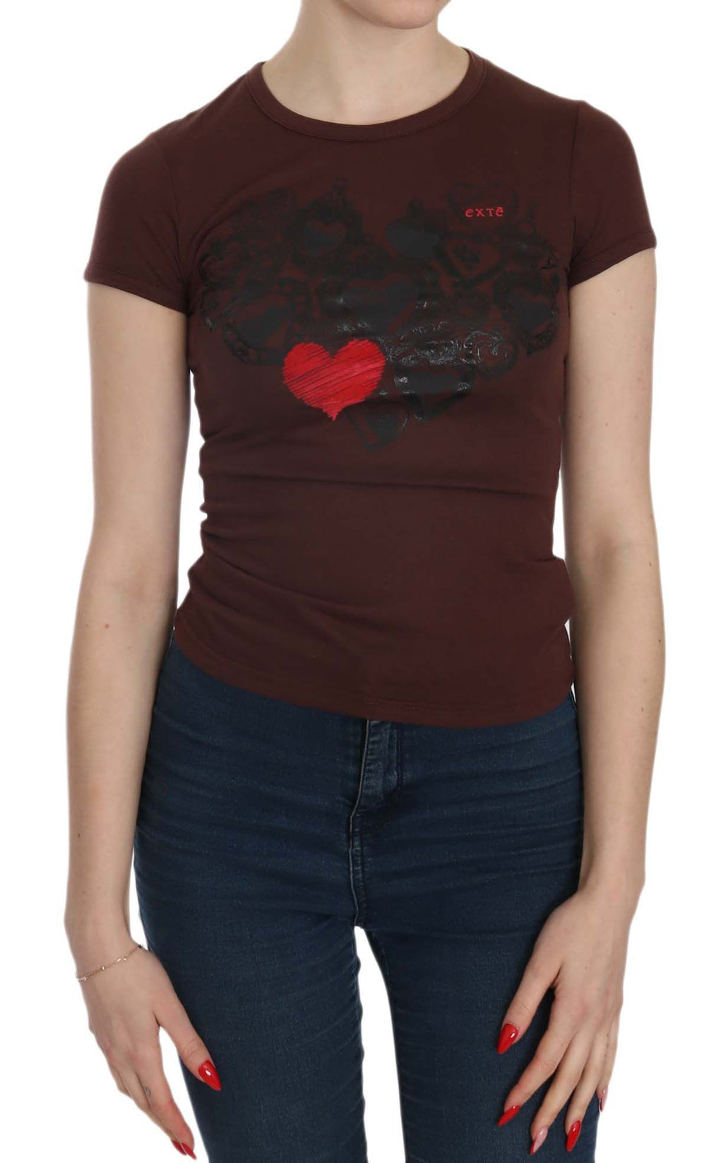 Exte Brown Hearts Short Sleeve Casual T-shirt Top