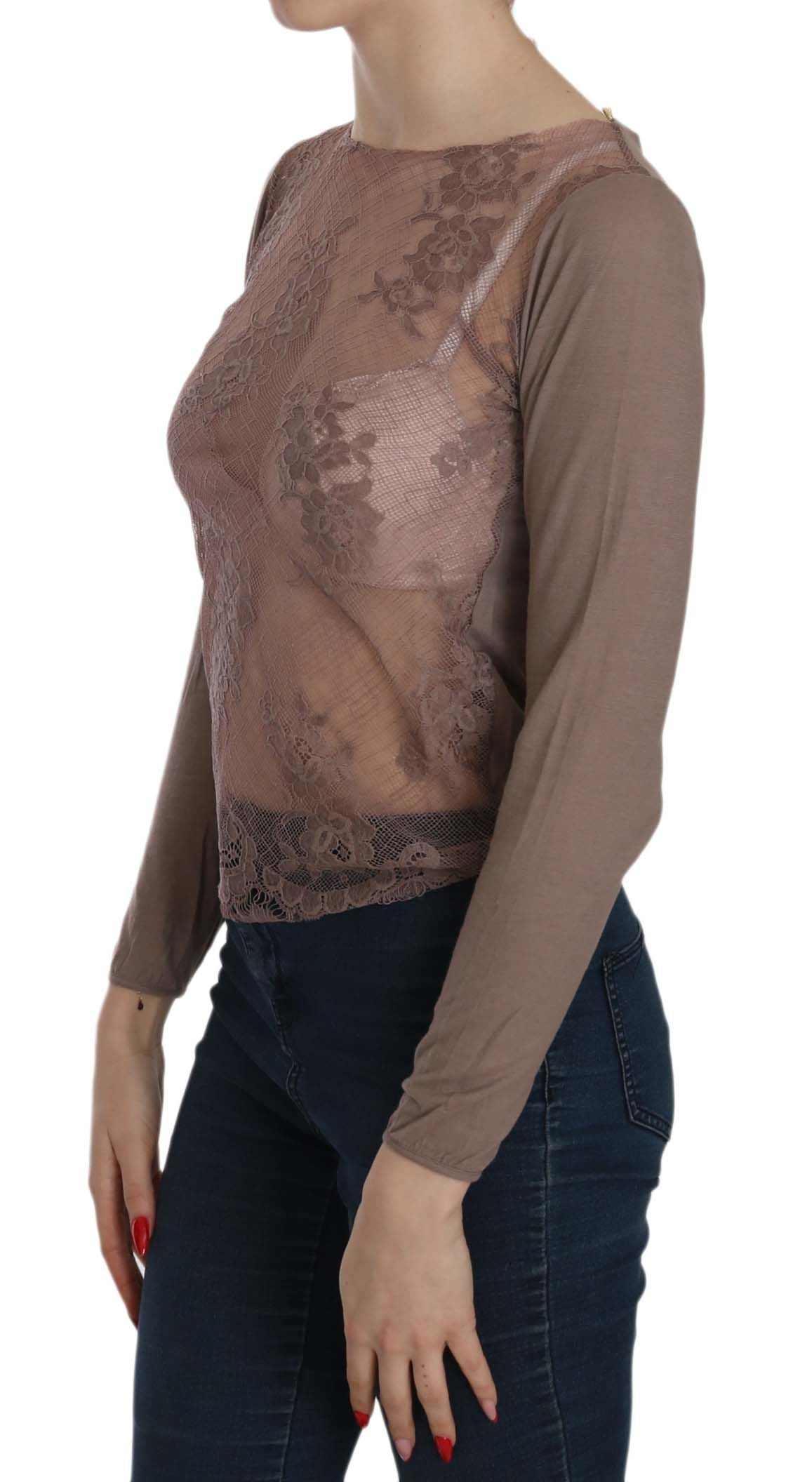 PINK MEMORIES Brown Lace See Through Long Sleeve Top | Regal Royce