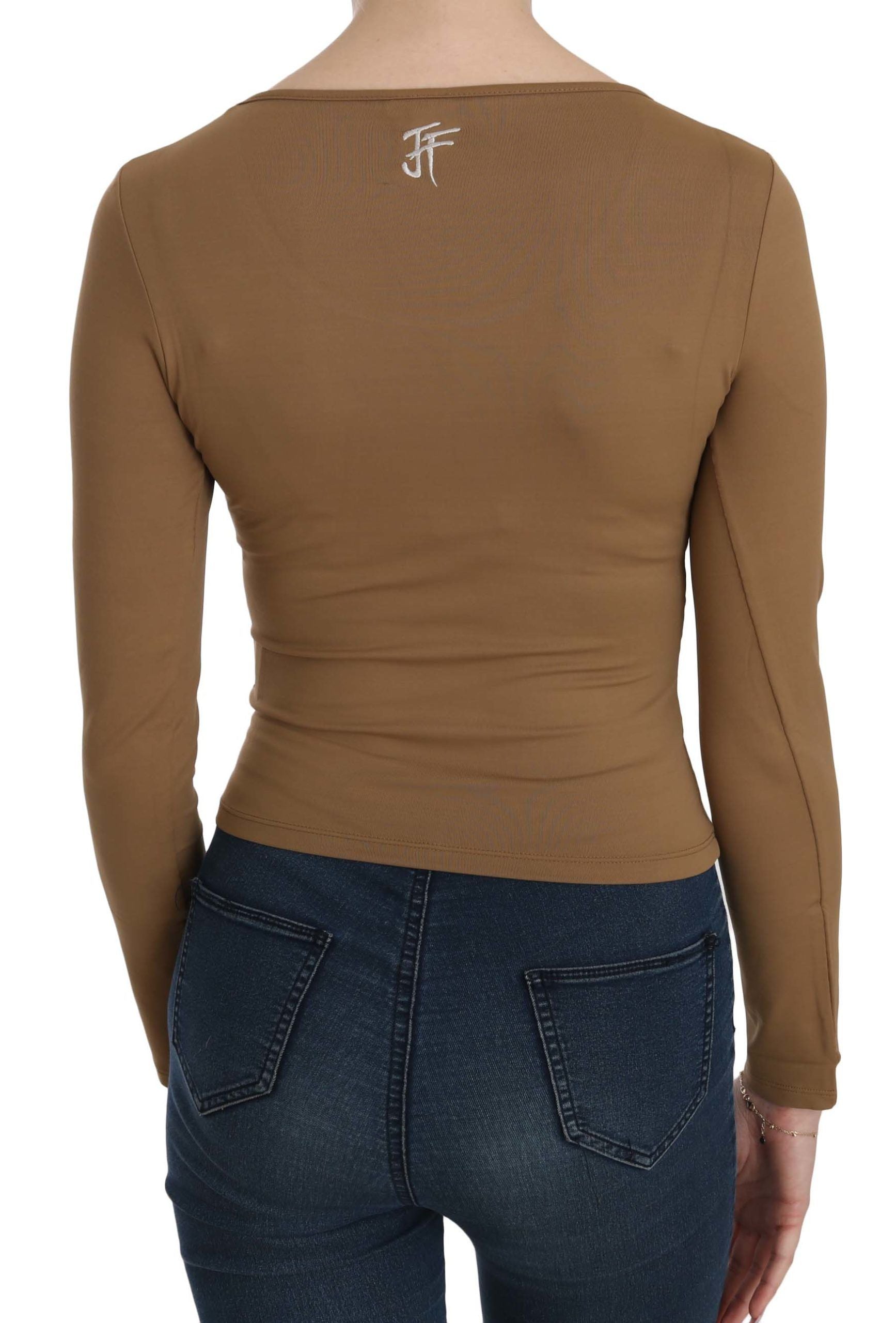 GF Ferre Brown Long Round Neck Sleeve Fitted Shirt Tops Blouse | Regal Royce