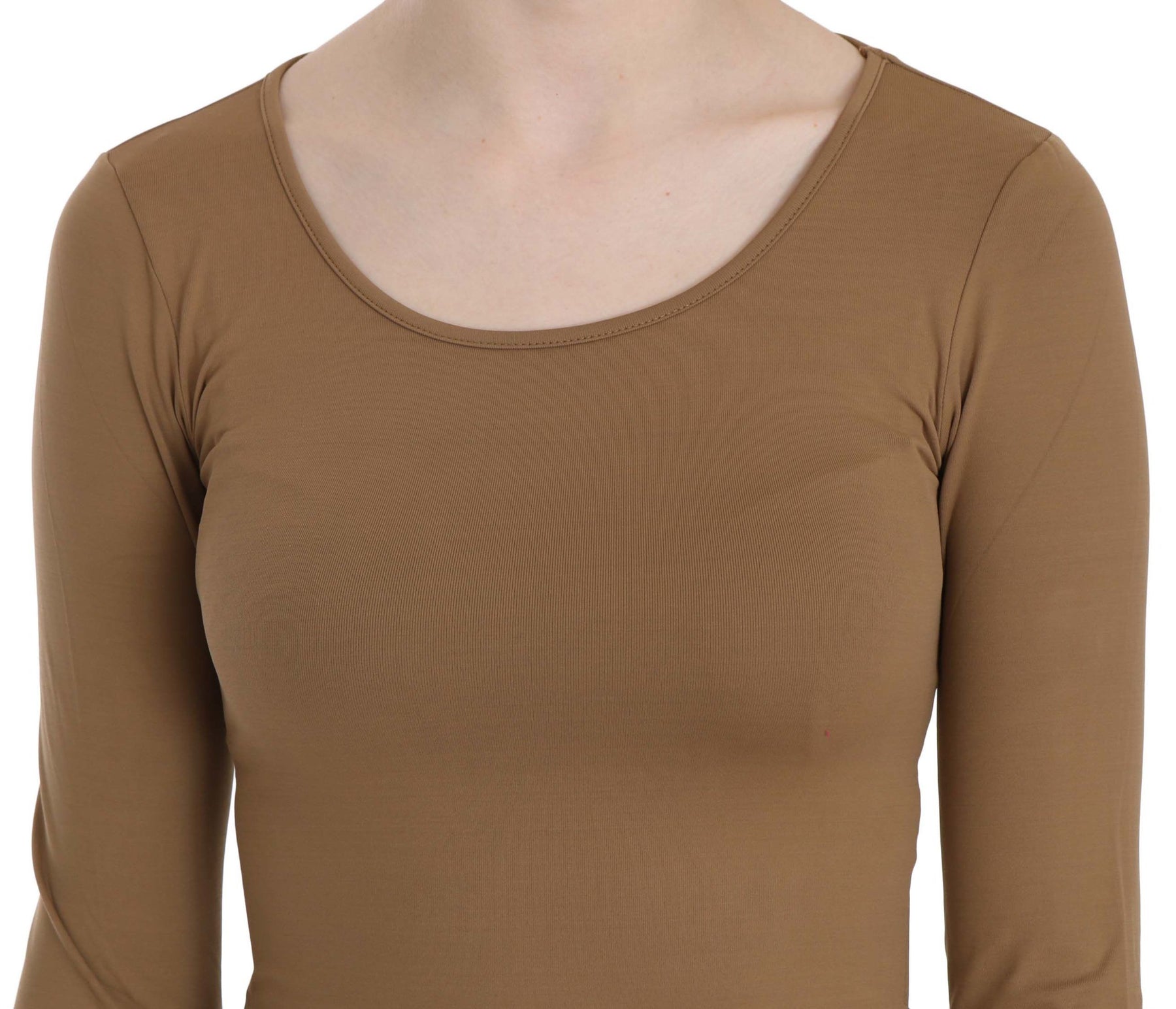 GF Ferre Brown Long Round Neck Sleeve Fitted Shirt Tops Blouse | Regal Royce