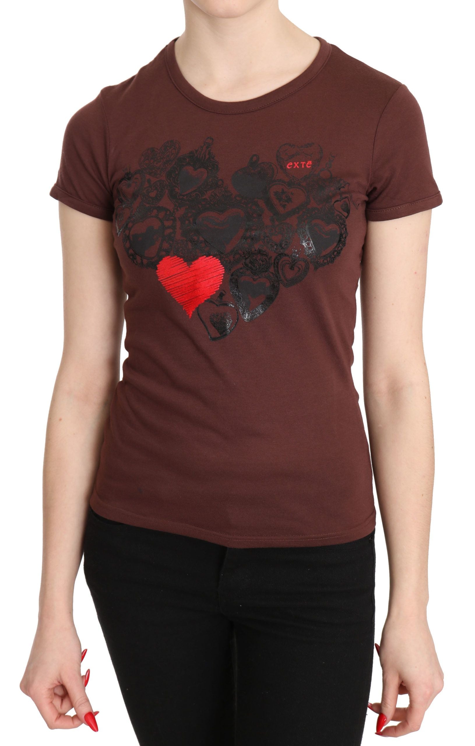 Exte Brown Hearts Printed Round Neck T-shirt Top | Regal Royce