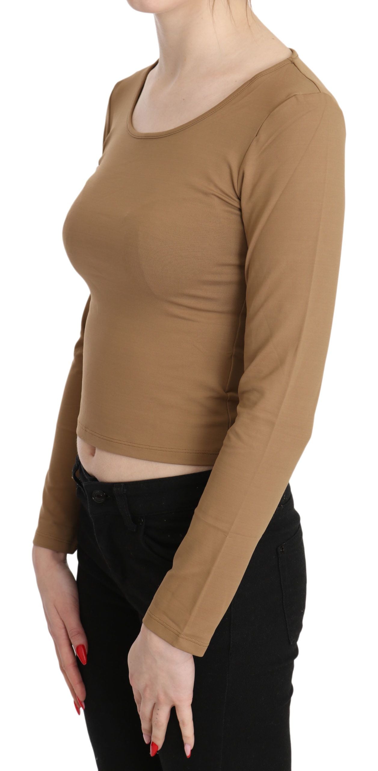 GF Ferre Brown Round Neck Long Sleeve Slim Crop Top Blouse | Regal Royce