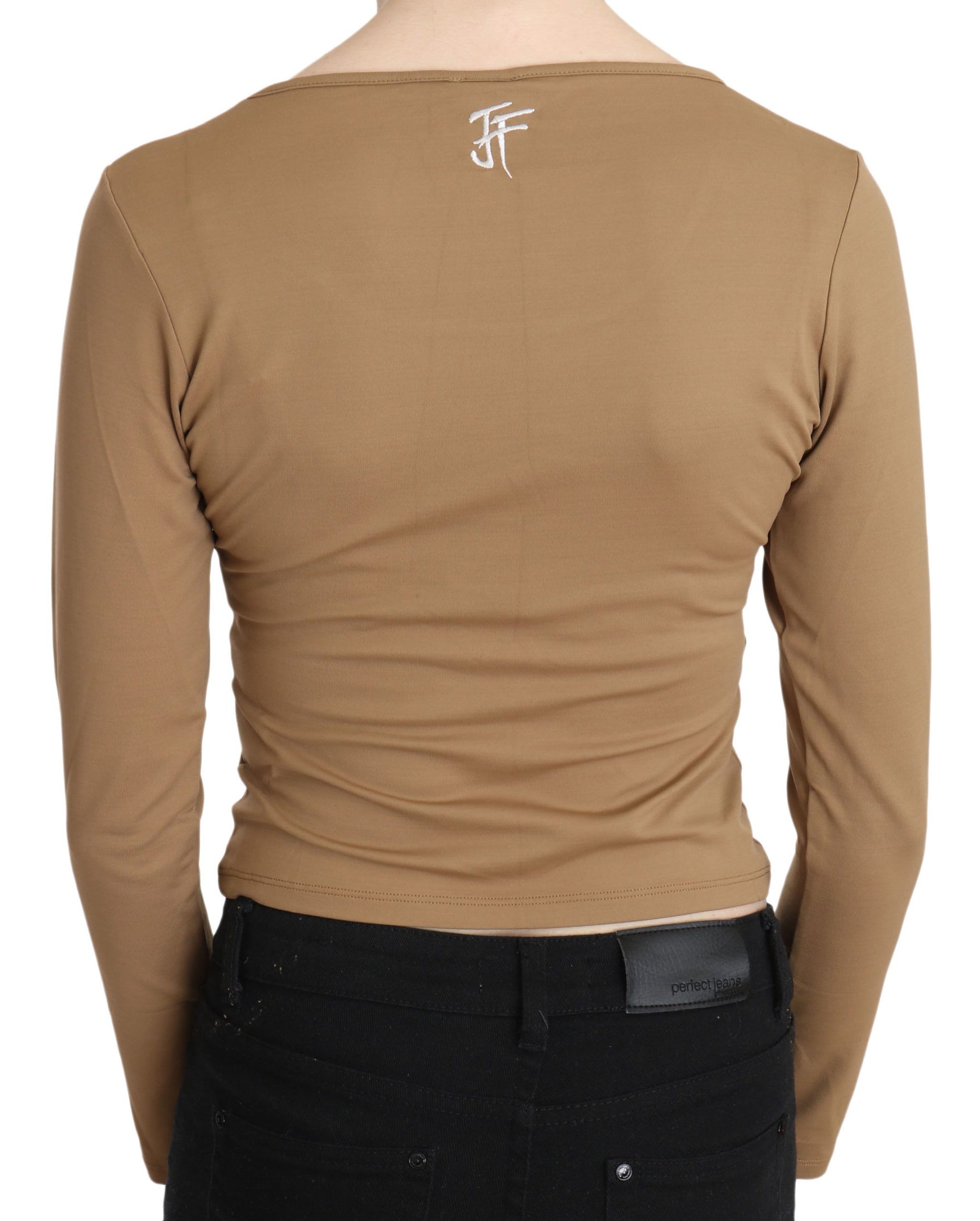 GF Ferre Brown Round Neck Long Sleeve Slim Crop Top Blouse | Regal Royce