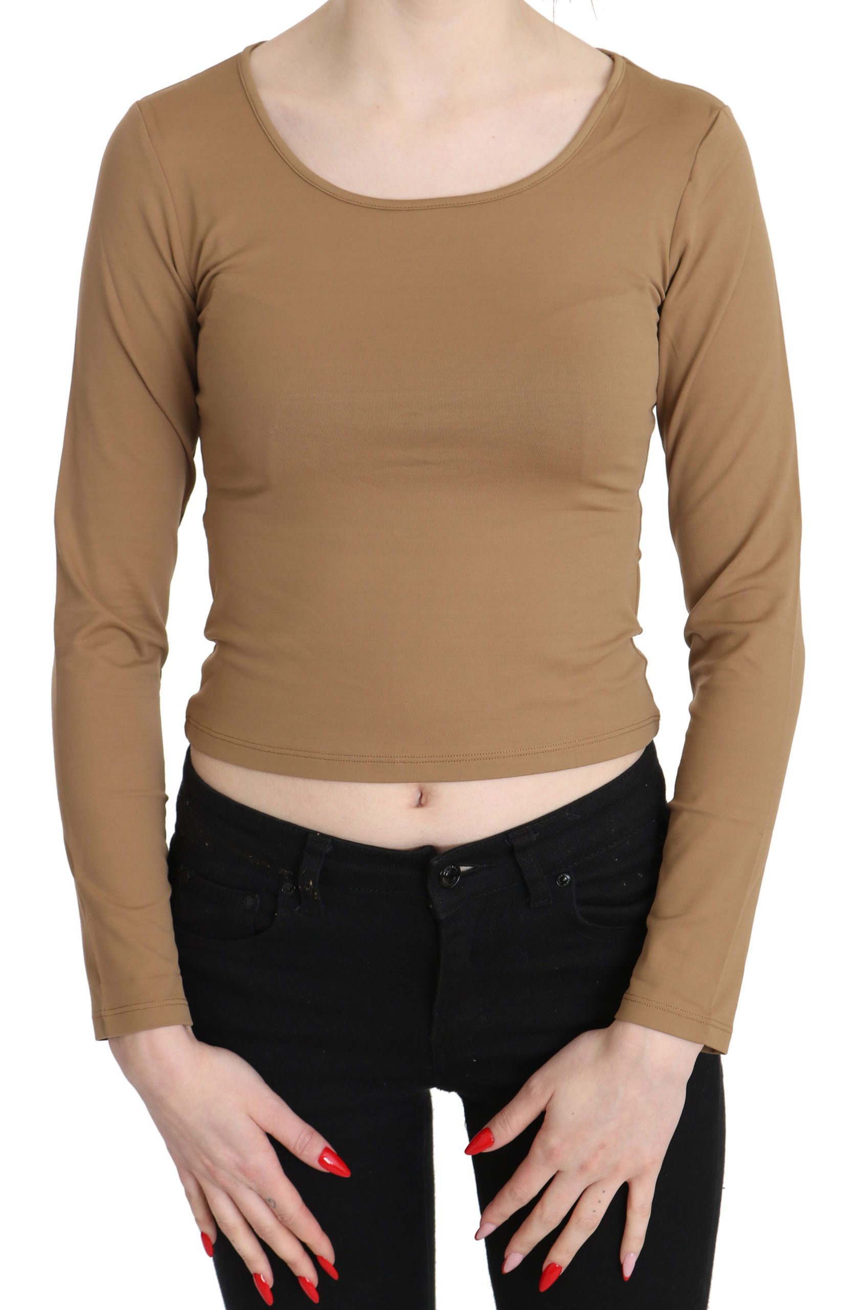 GF Ferre Brown Round Neck Long Sleeve Slim Crop Top Blouse | Regal Royce