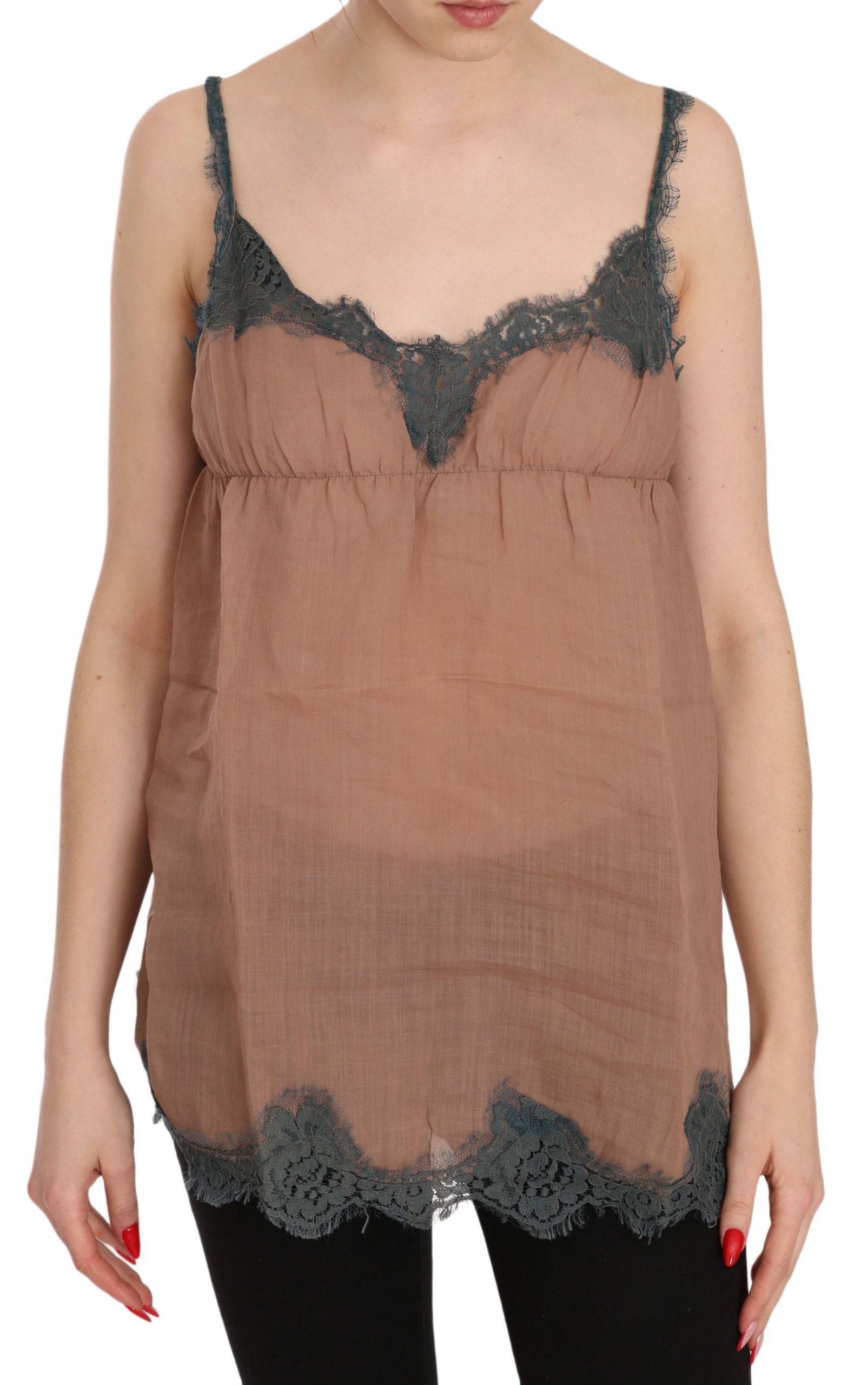 PINK MEMORIES Brown Lace Spaghetti Strap Tank Top Blouse | Regal Royce