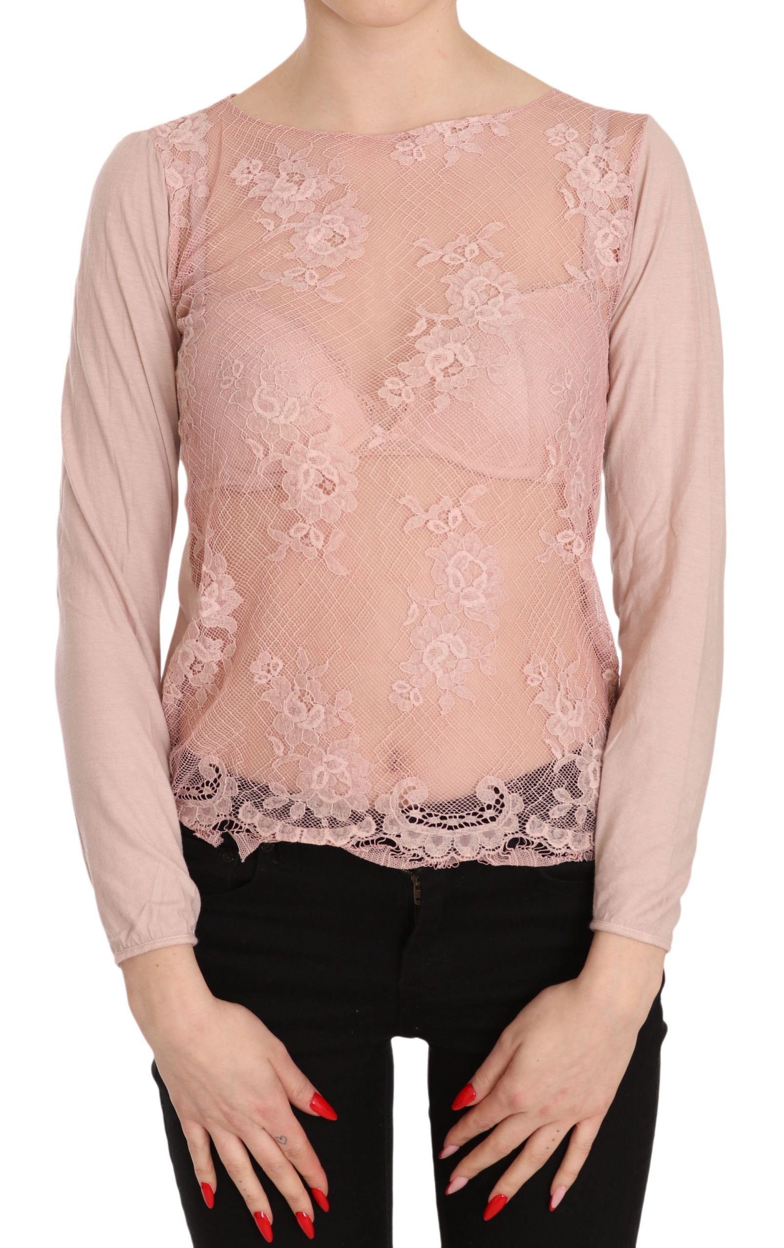 PINK MEMORIES Pink Lace See Through Long Sleeve Top Blouse | Regal Royce