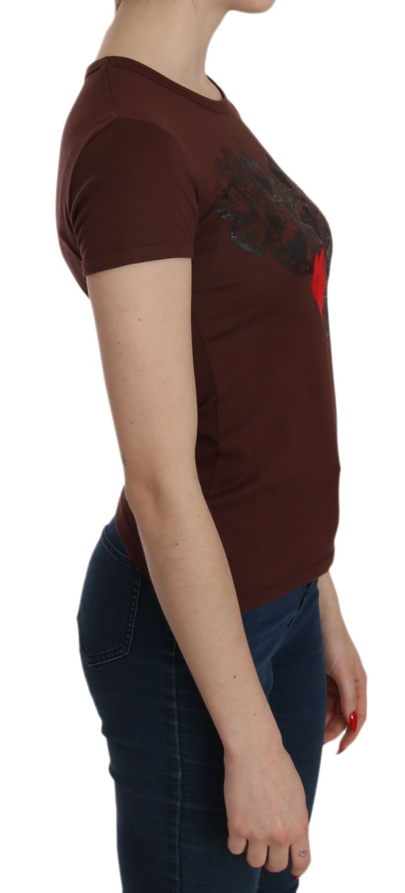 Exte Brown Heart Print Crew Neck T-shirt Short Sleeve Blouse | Regal Royce