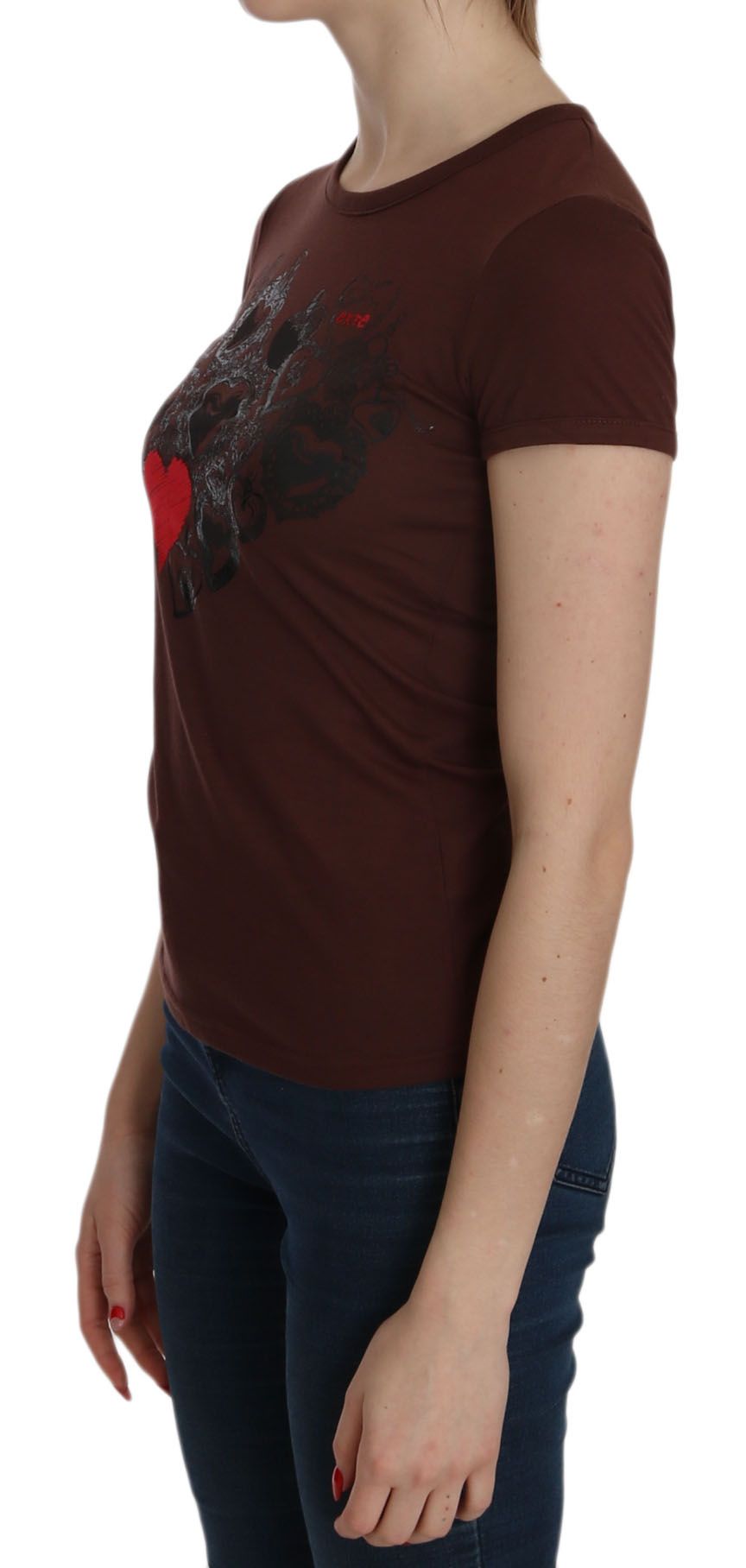 Exte Brown Heart Print Crew Neck T-shirt Short Sleeve Blouse | Regal Royce