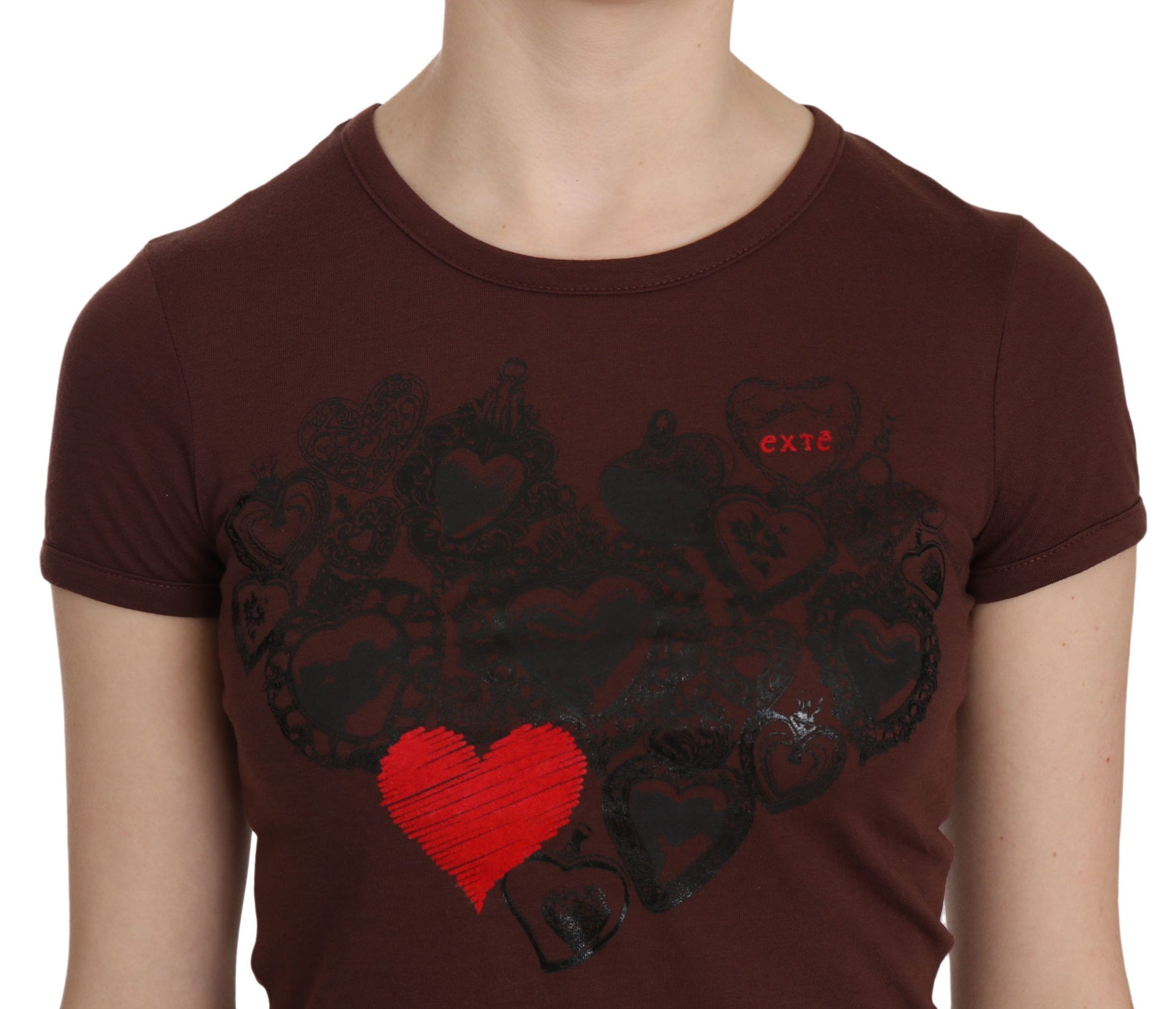 Exte Brown Heart Print Crew Neck T-shirt Short Sleeve Blouse | Regal Royce