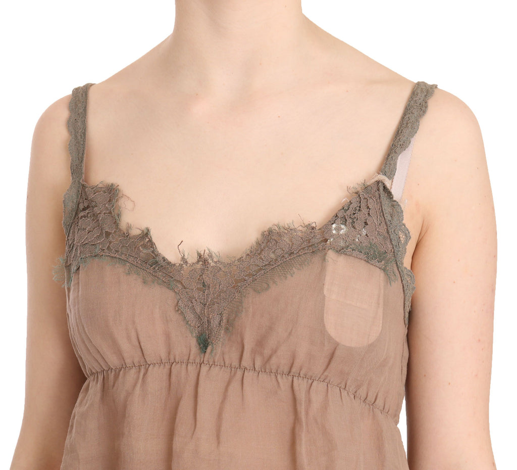 PINK MEMORIES Brown Lace Spaghetti Strap Plunging Top Blouse