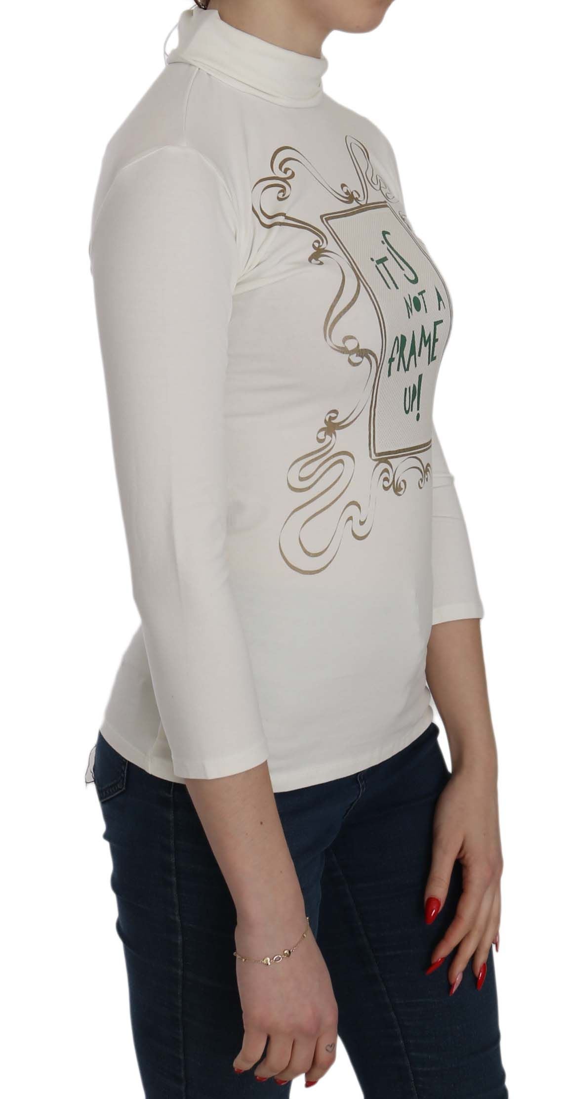 Exte White Printed Turtle Neck 3/4 Sleeve Top Cotton Blouse | Regal Royce