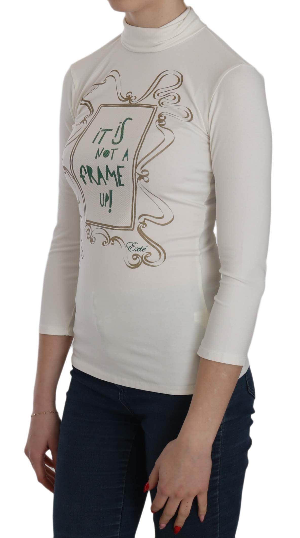 Exte White Printed Turtle Neck 3/4 Sleeve Top Cotton Blouse | Regal Royce