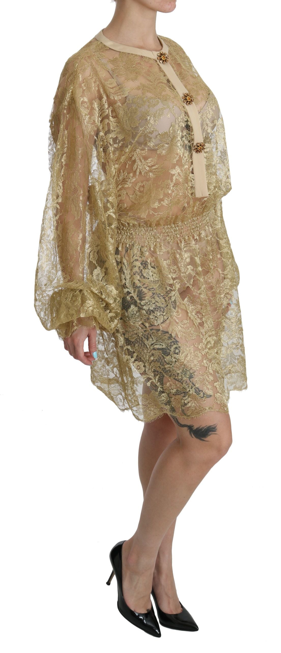 Dolce & Gabbana Gold Lace See Through A-Line Knee Length Dress | Regal Royce