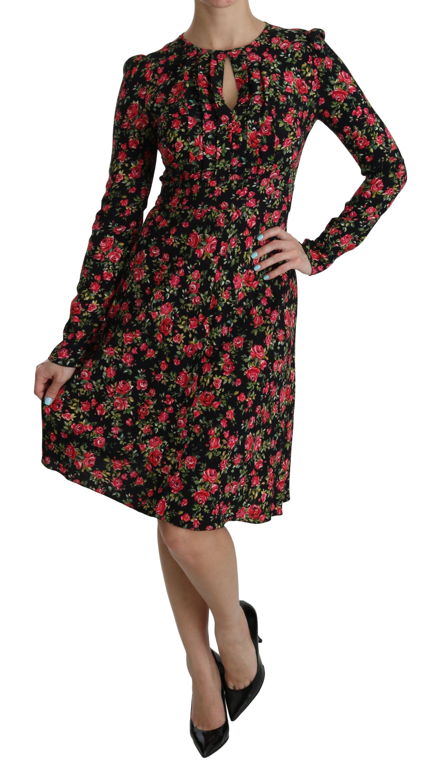 Dolce & Gabbana Black Floral Longsleeve Knee Length Dress | Regal Royce