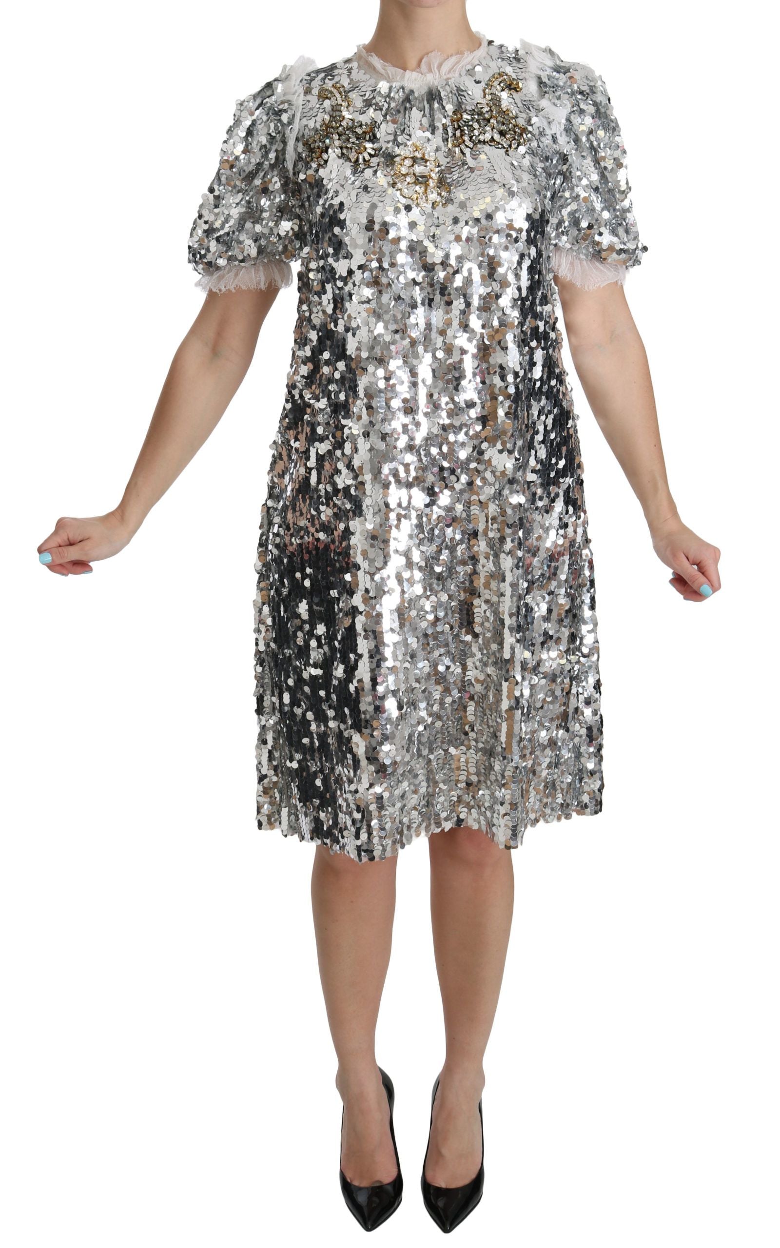 Dolce & Gabbana Silver Sequined Crystal Shift Gown Dress | Regal Royce