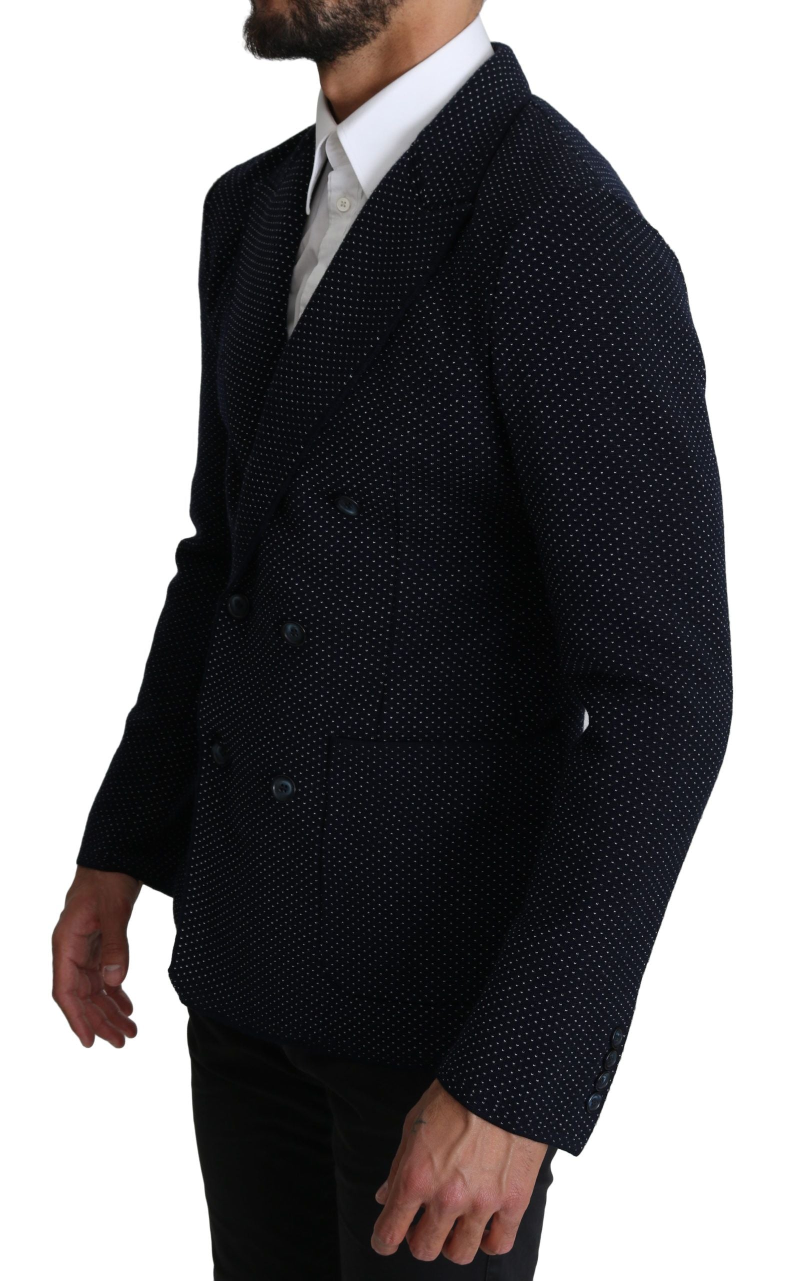 Dolce & Gabbana Dark Blue Dotted Double Breasted Coat Blazer | Regal Royce