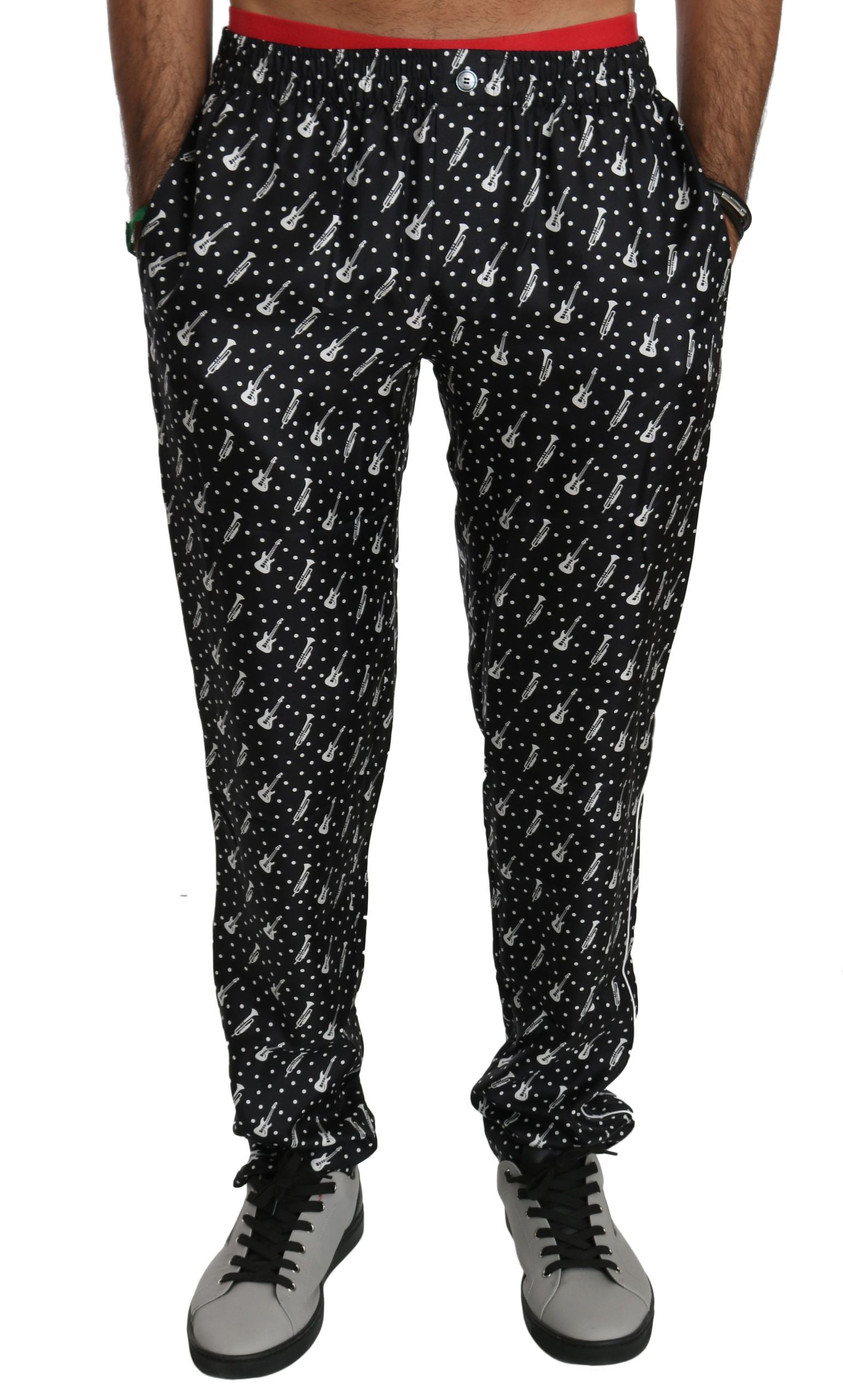 Dolce & Gabbana Silk Black Musical Instrument Trouser Pants | Regal Royce