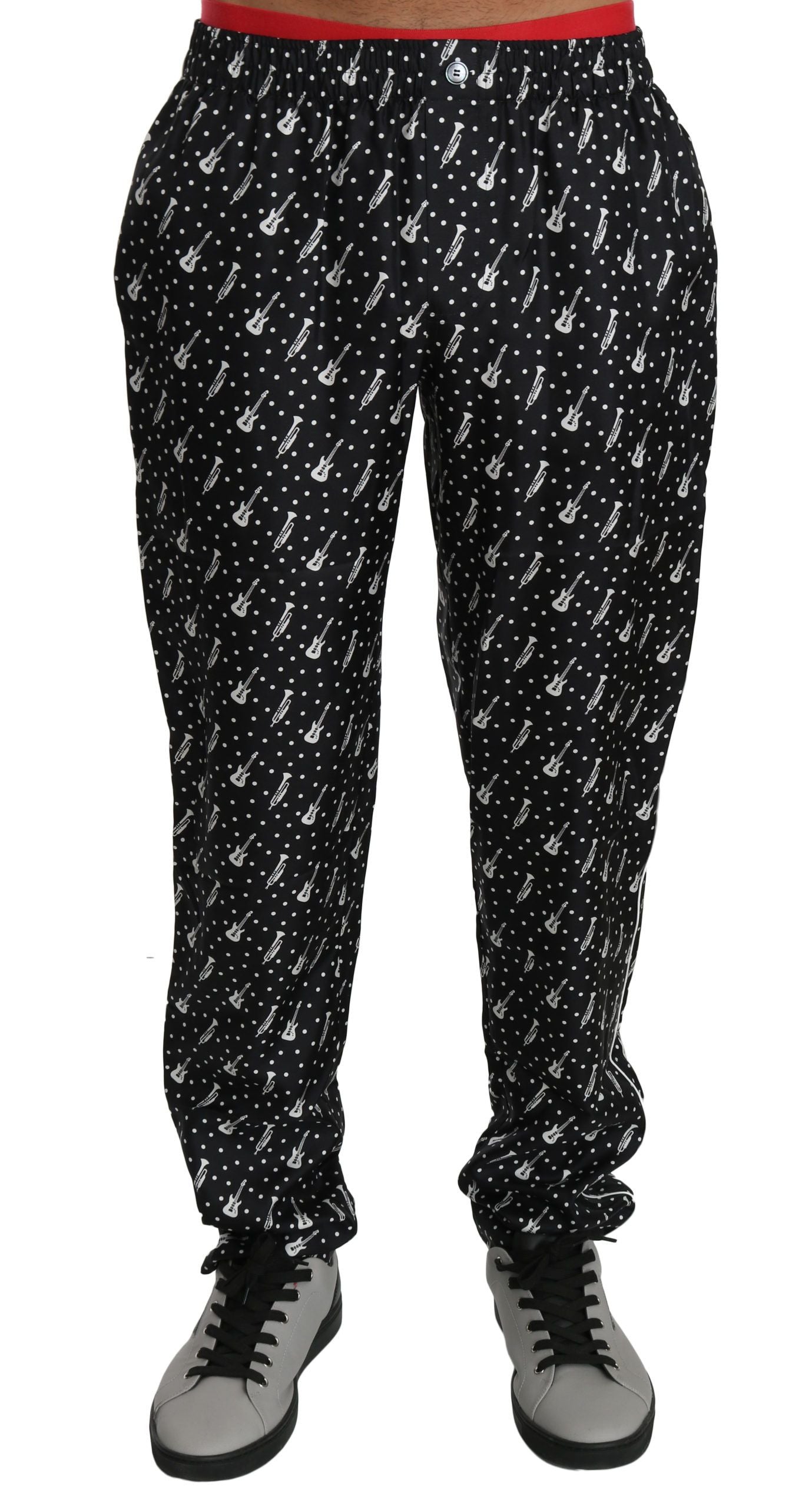 Dolce & Gabbana Silk Black Musical Instrument Trouser Pants | Regal Royce
