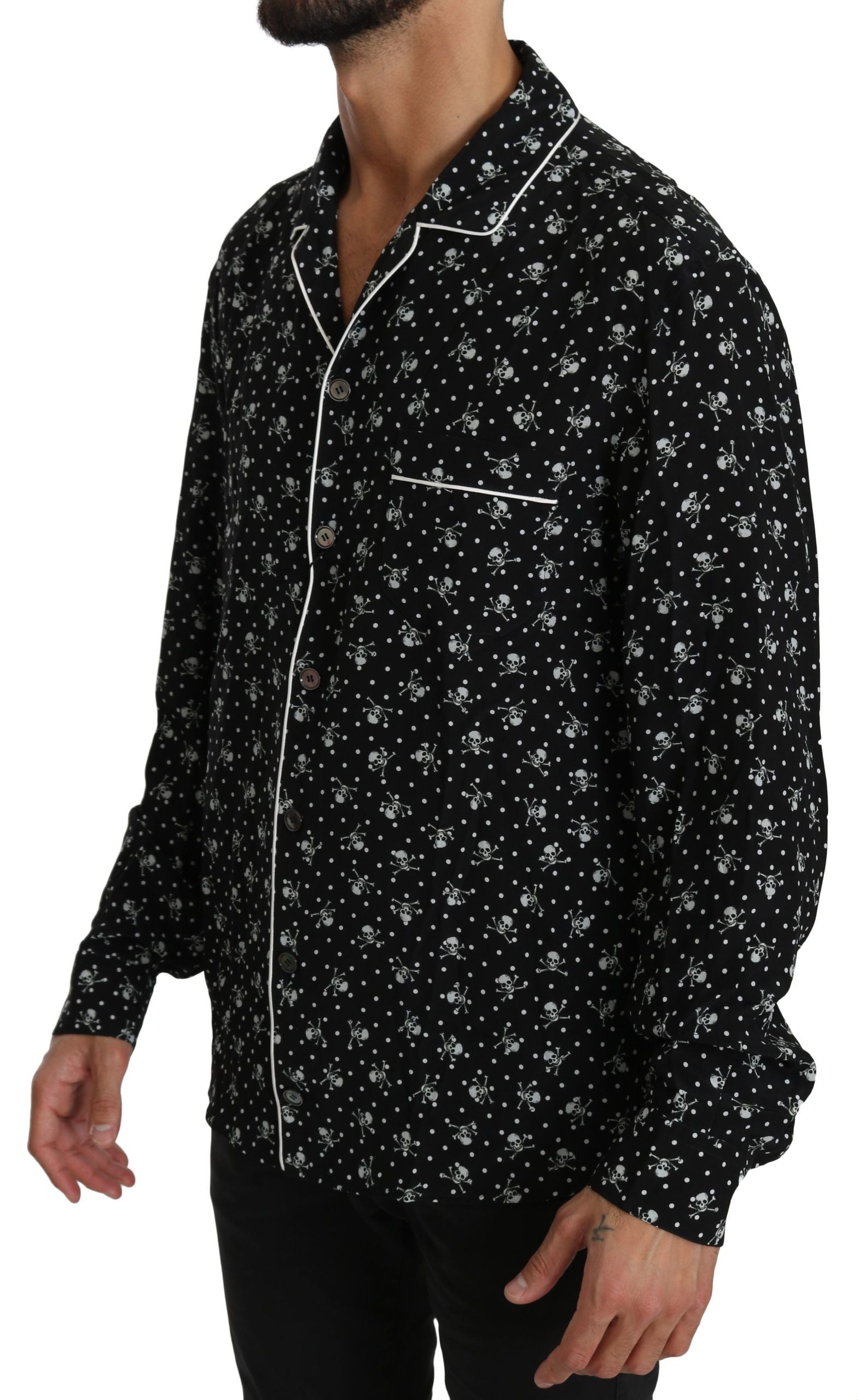 Dolce & Gabbana Black Skull Print Silk Sleepwear Shirt | Regal Royce