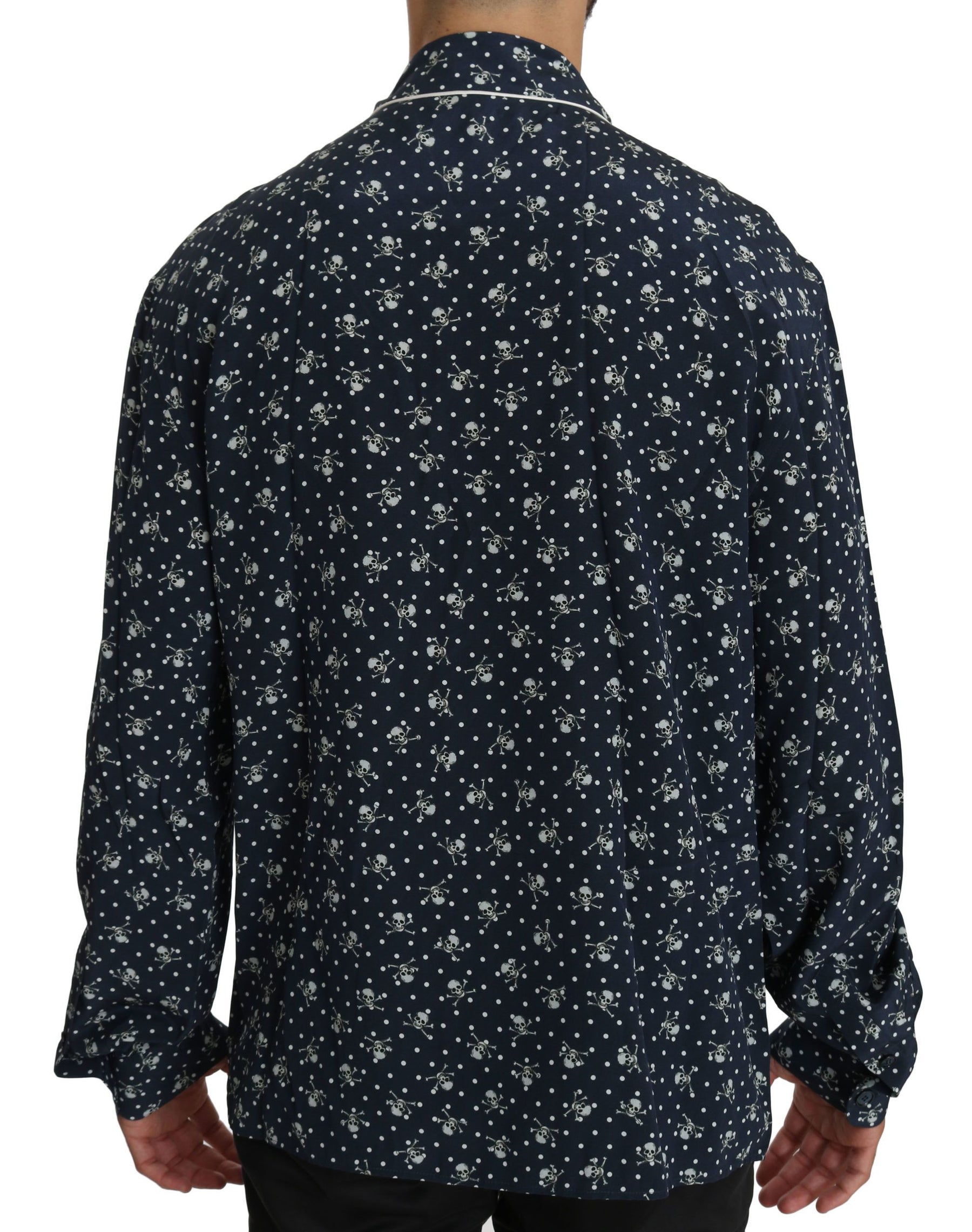 Dolce & Gabbana Blue Skull Print Silk Top Sleepwear Shirt | Regal Royce