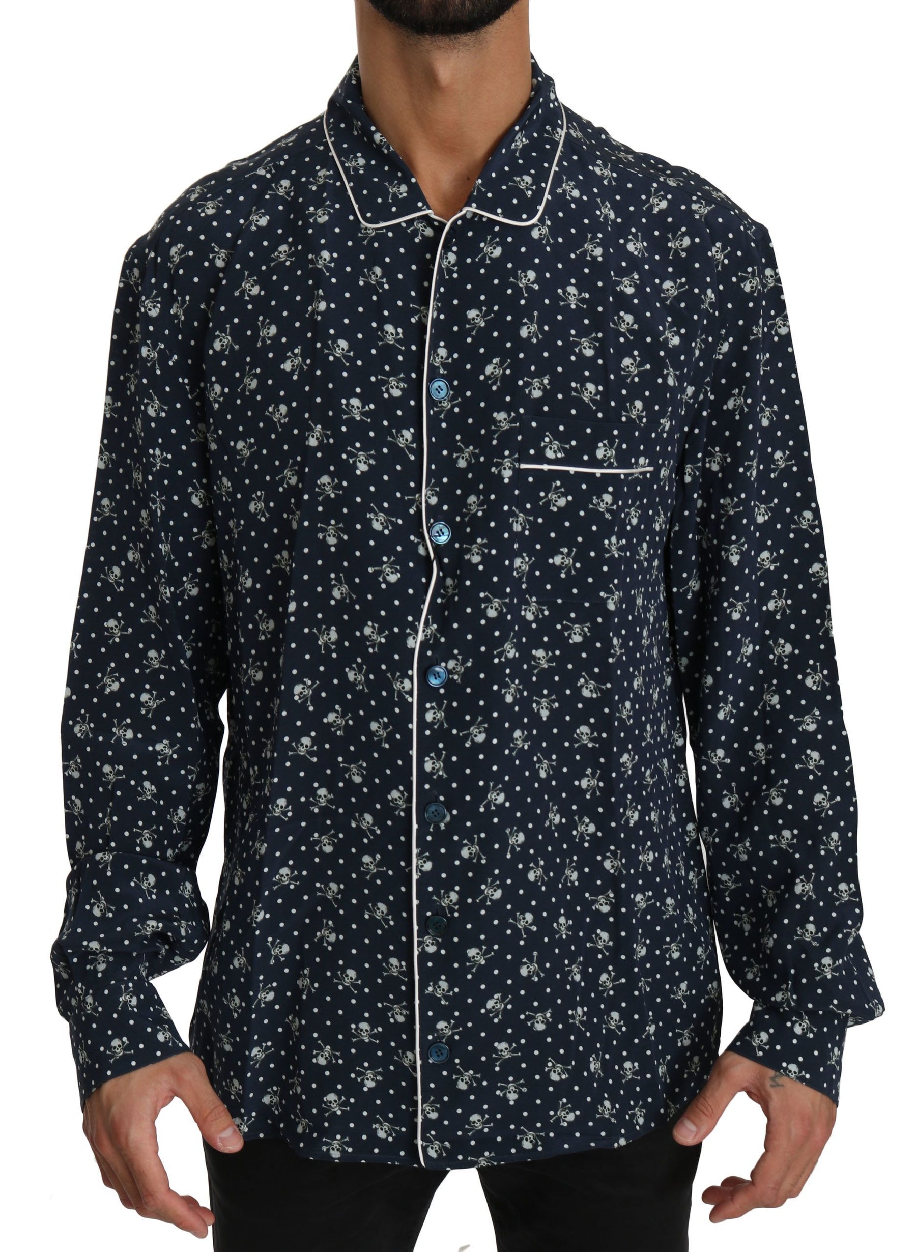 Dolce & Gabbana Blue Skull Print Silk Top Sleepwear Shirt | Regal Royce