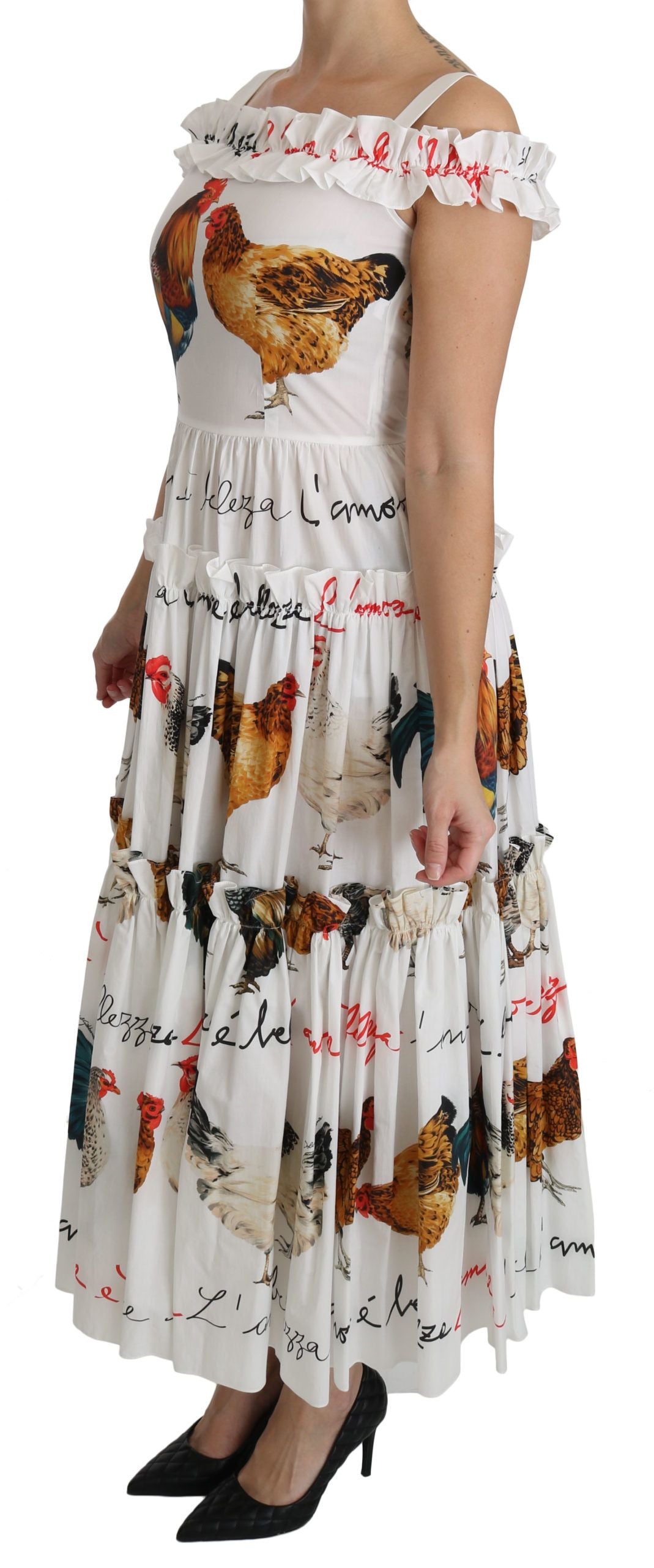 Dolce & Gabbana White Rooster Sheath Midi Cotton Dress | Regal Royce
