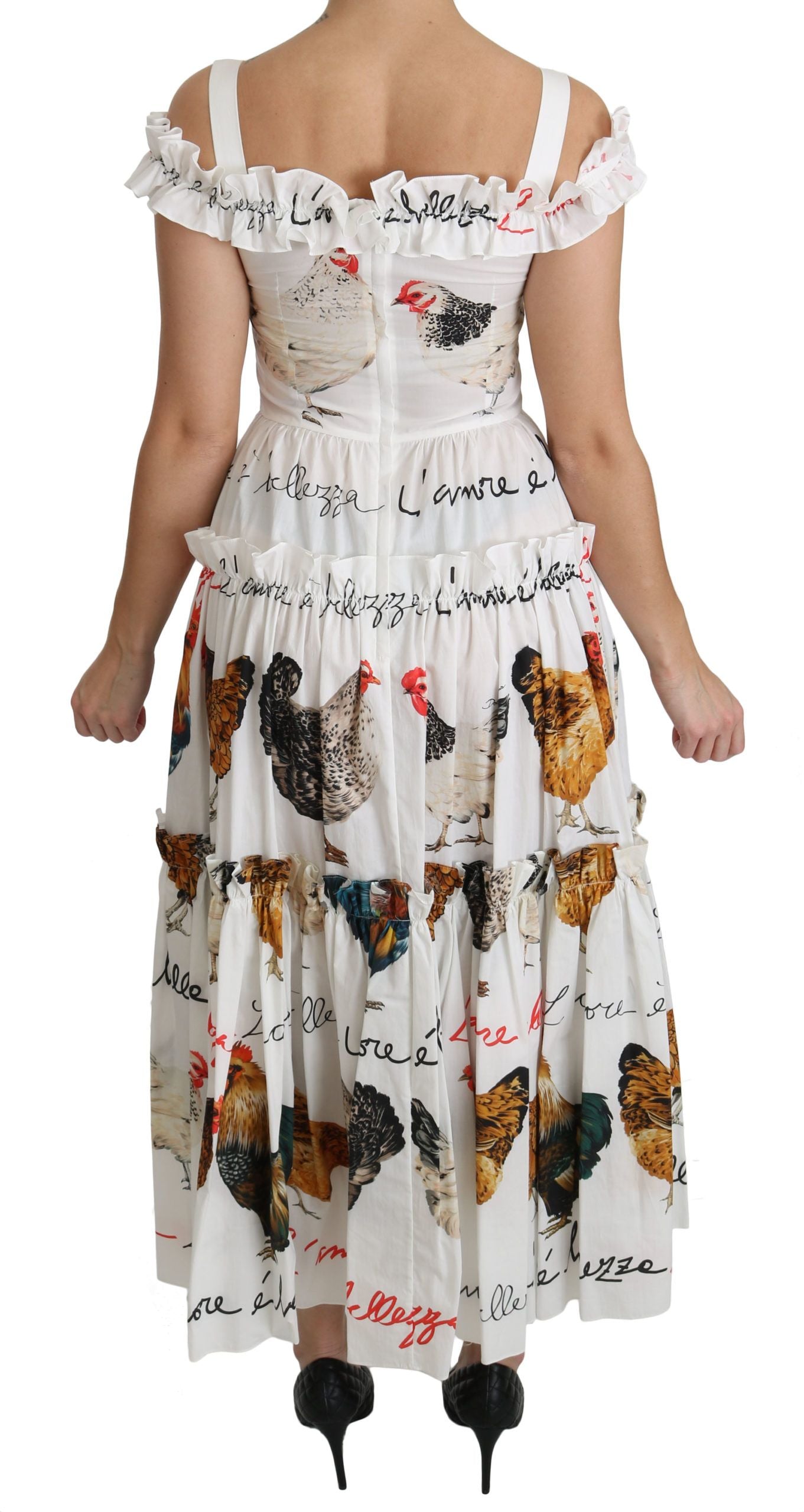 Dolce & Gabbana White Rooster Sheath Midi Cotton Dress | Regal Royce