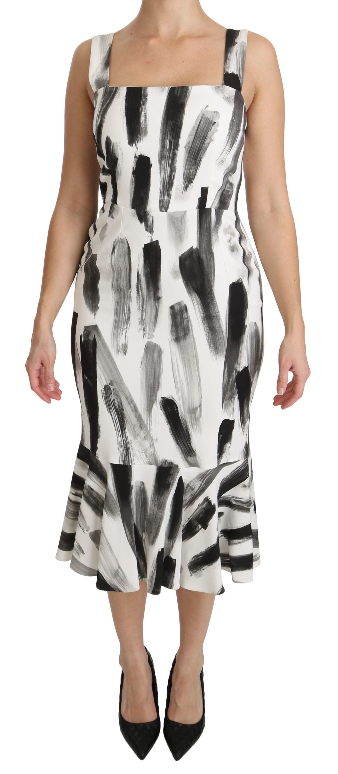 Dolce & Gabbana White Black Printed Sheath Midi Viscose Dress | Regal Royce