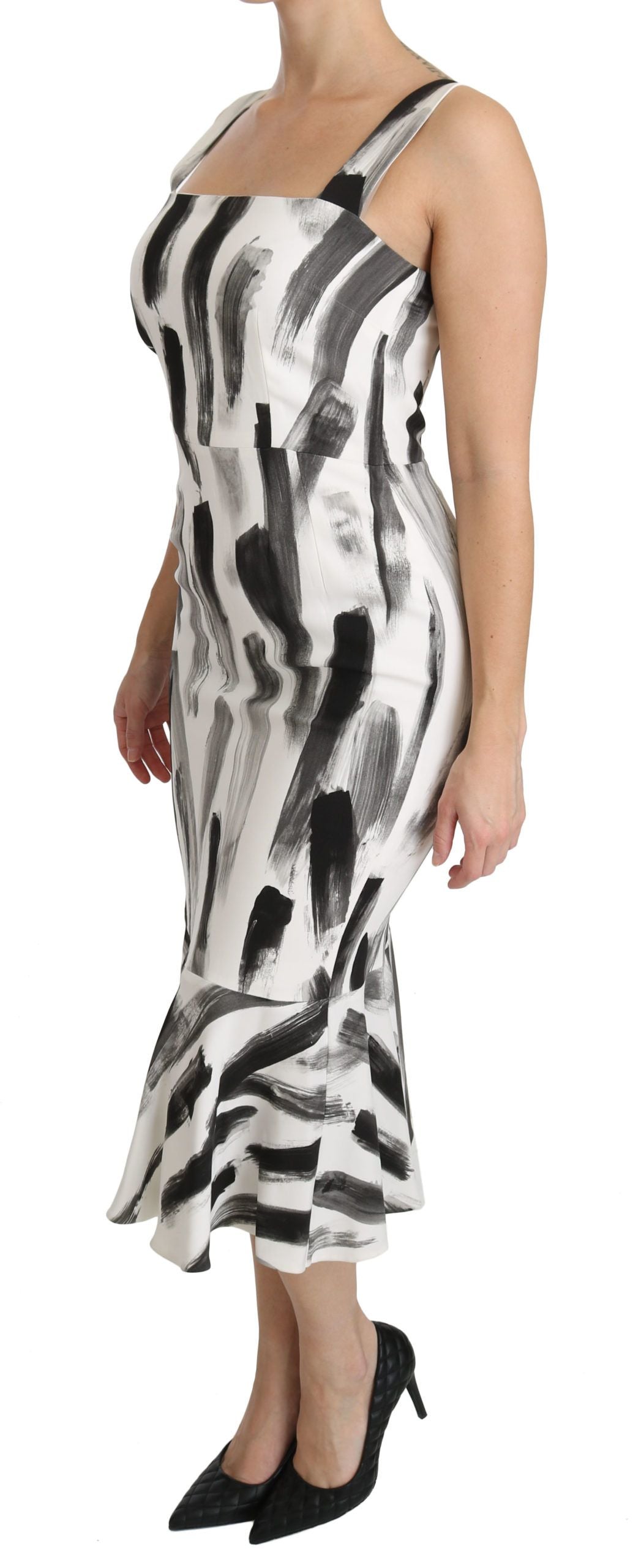 Dolce & Gabbana White Black Printed Sheath Midi Viscose Dress | Regal Royce