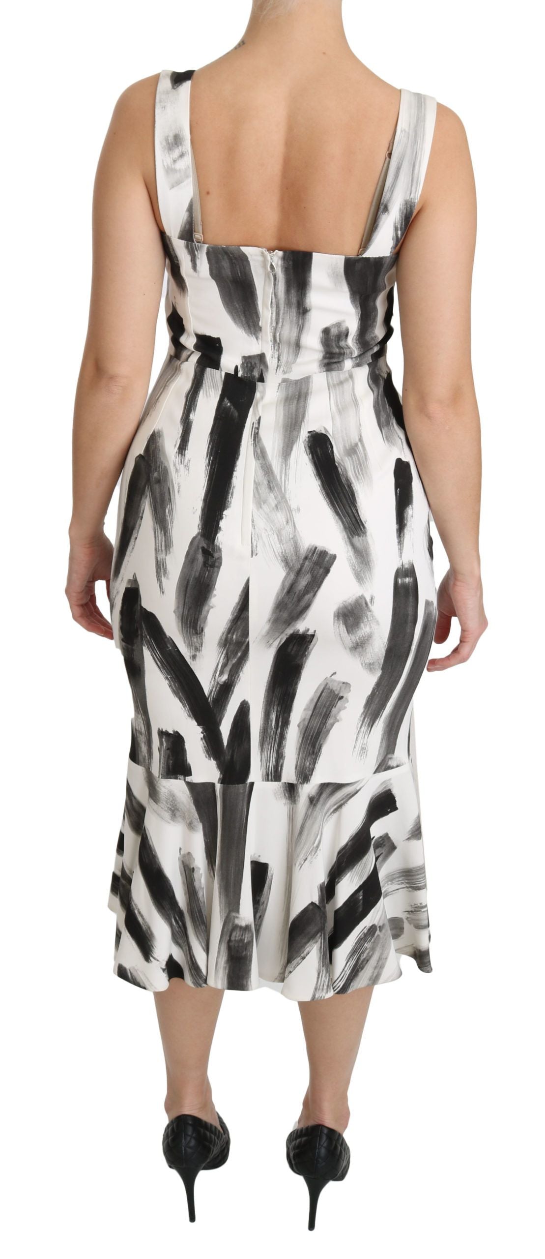 Dolce & Gabbana White Black Printed Sheath Midi Viscose Dress | Regal Royce