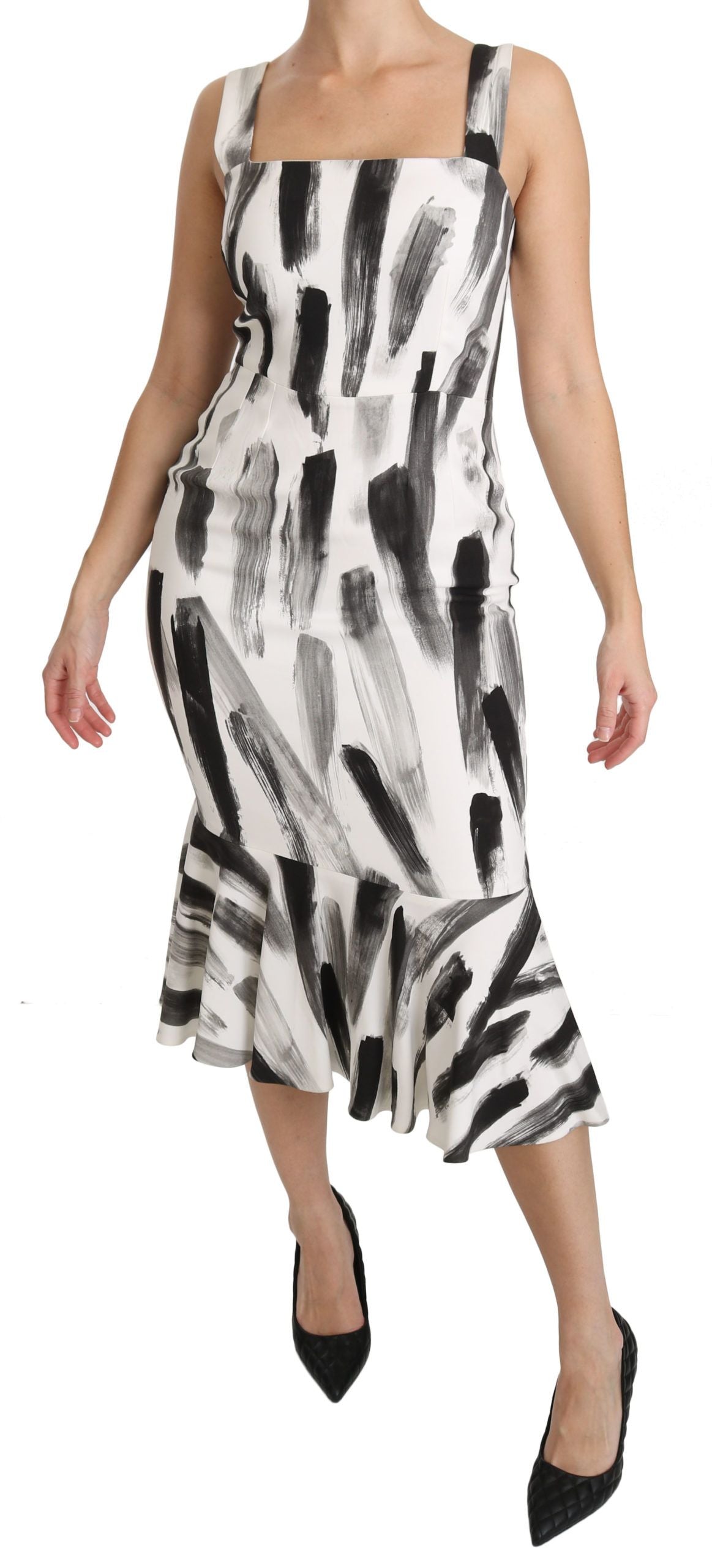 Dolce & Gabbana White Black Printed Sheath Midi Viscose Dress | Regal Royce