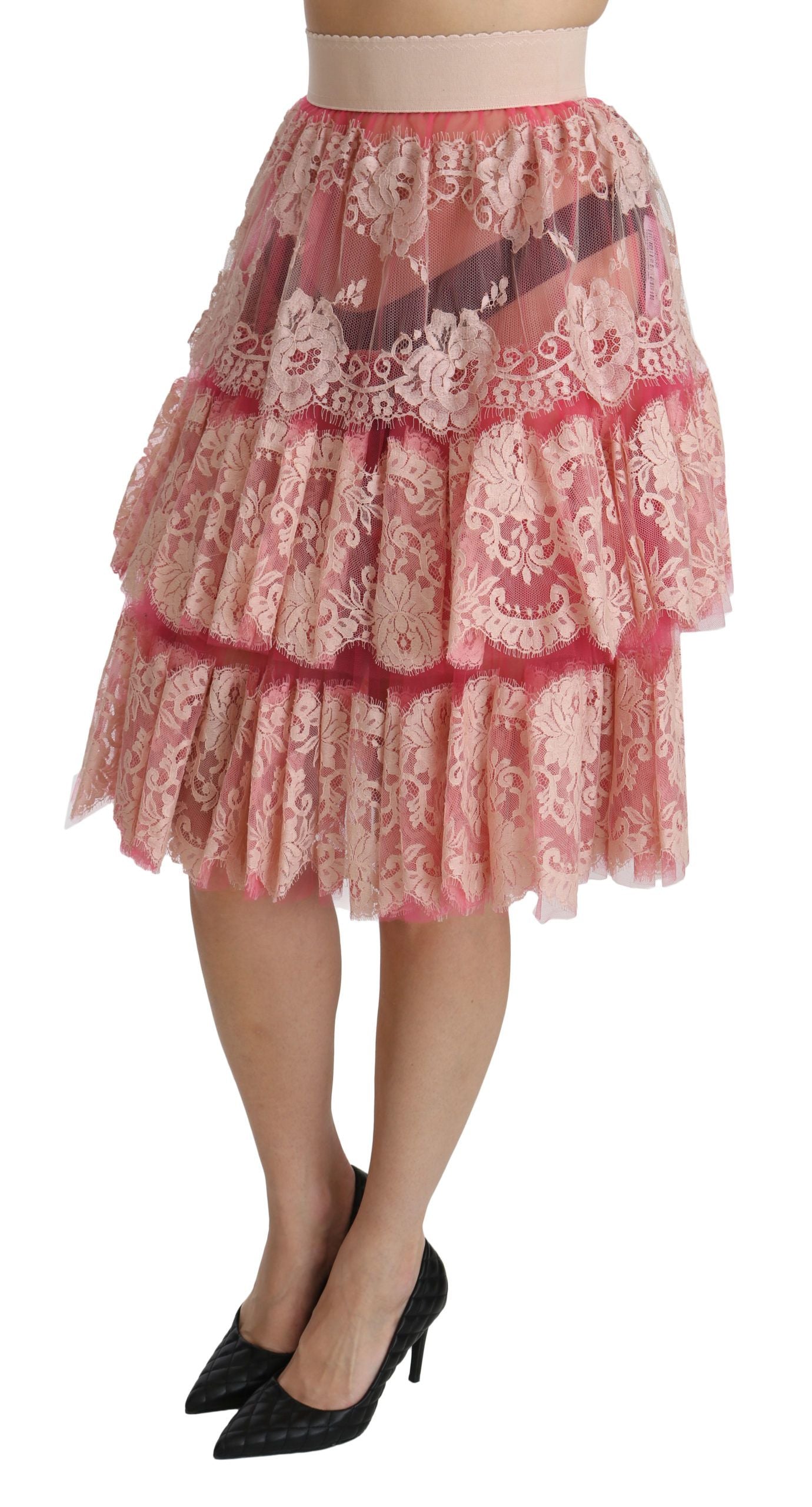Dolce & Gabbana Pink Lace Layered High Waist Knee Length Skirt | Regal Royce