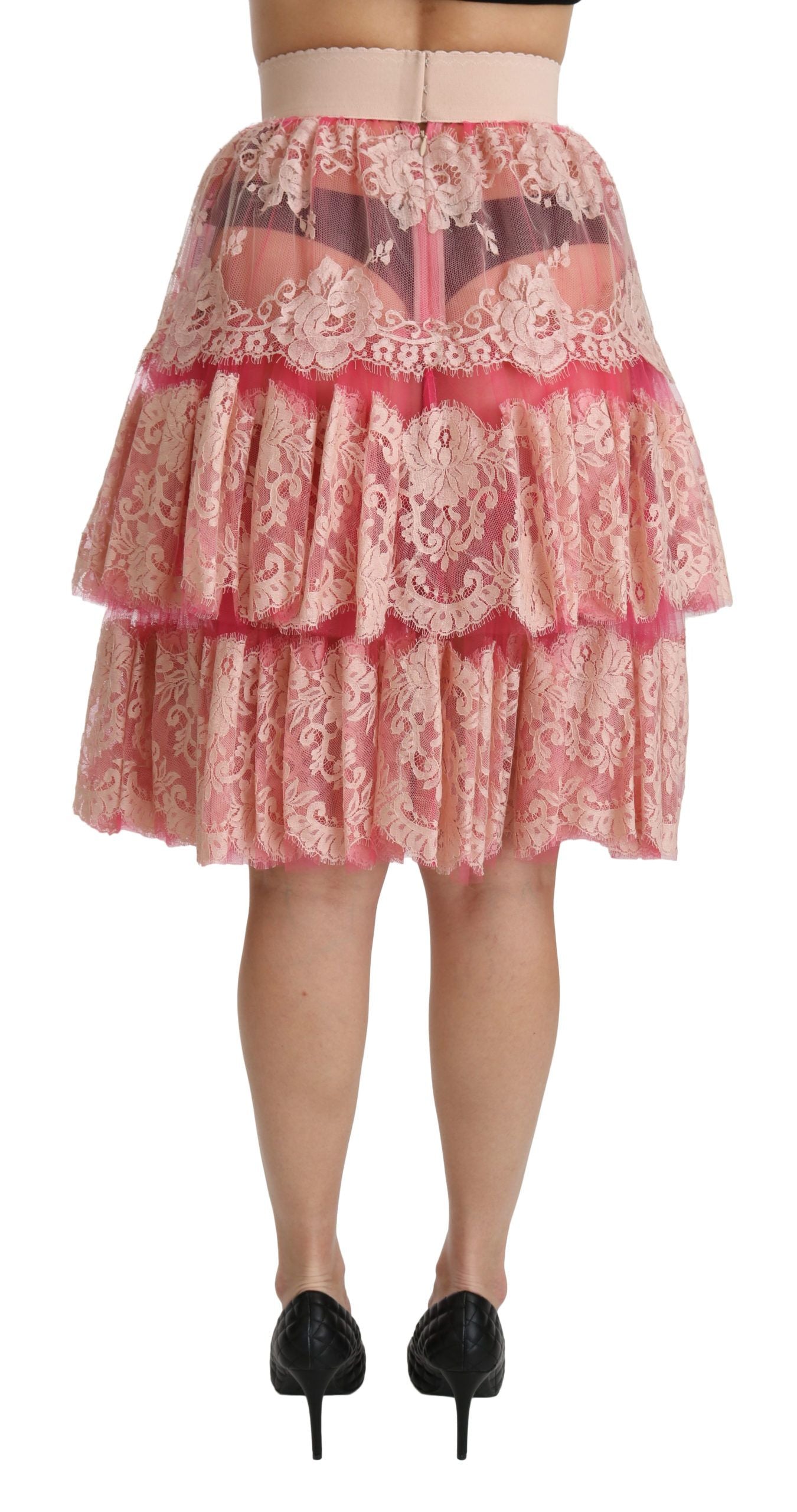 Dolce & Gabbana Pink Lace Layered High Waist Knee Length Skirt | Regal Royce