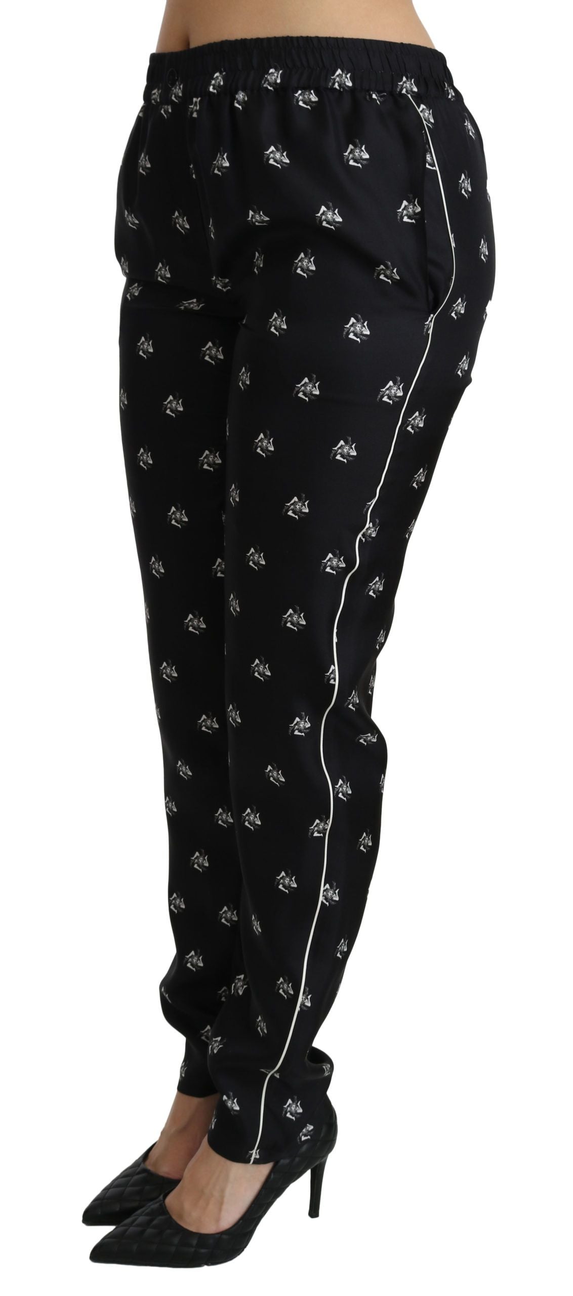 Dolce & Gabbana Black Printed Mid Waist Skinny Silk Pants | Regal Royce