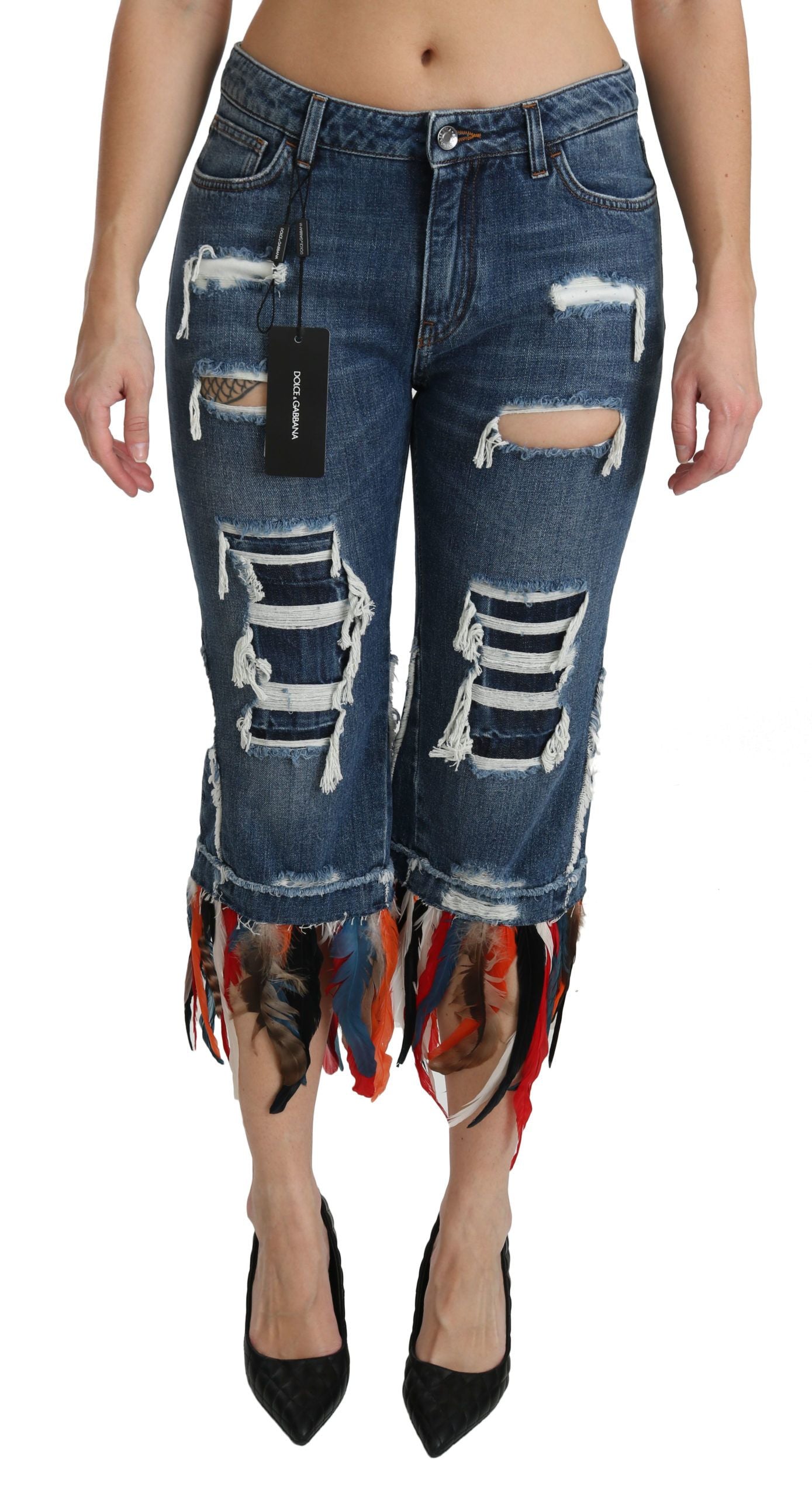 Dolce & Gabbana Blue Feathers Low Waist Cropped Cotton Jeans | Regal Royce